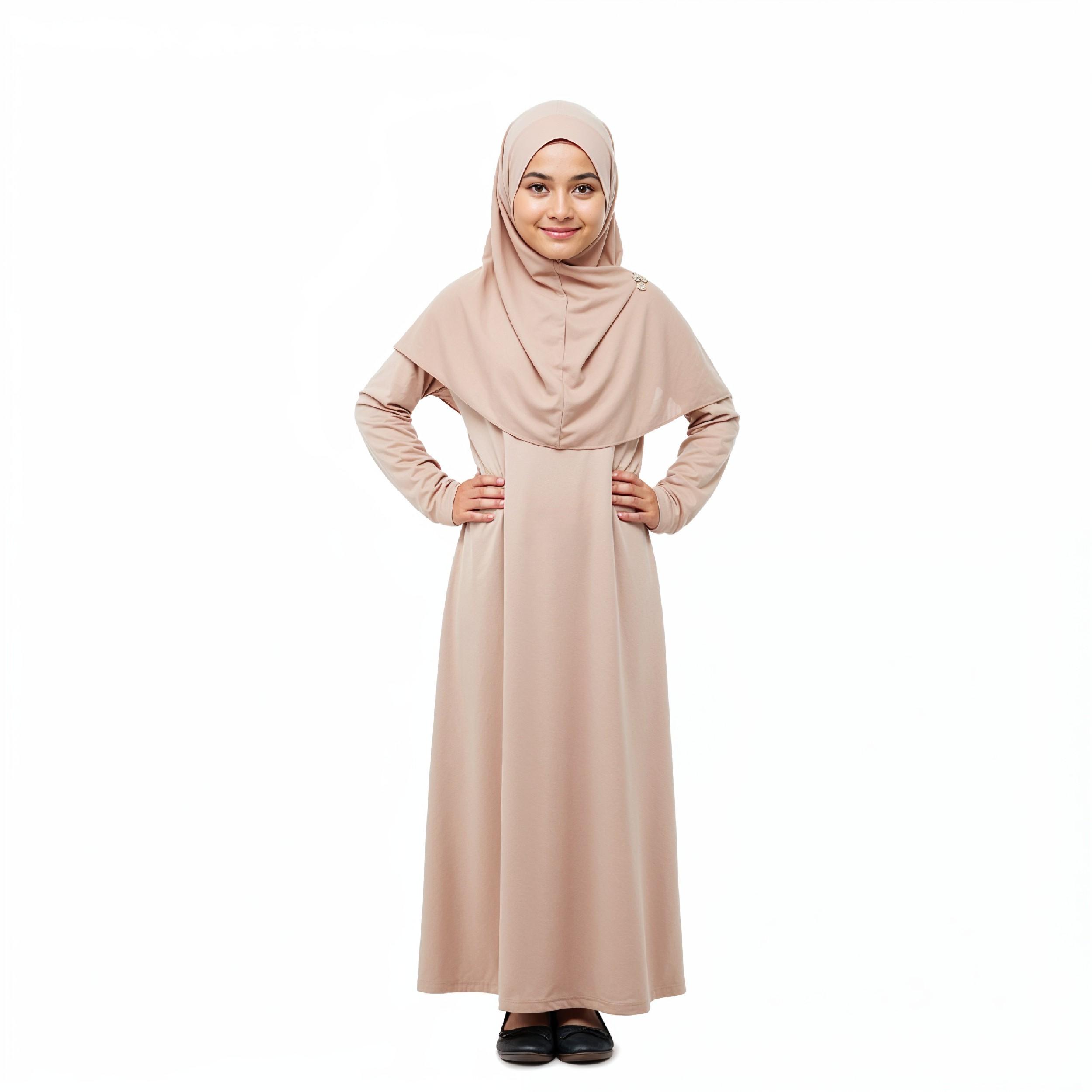 Cute Young Muslim Girl Wearing Beige Hijab and Modest Dress in Studio Portrait