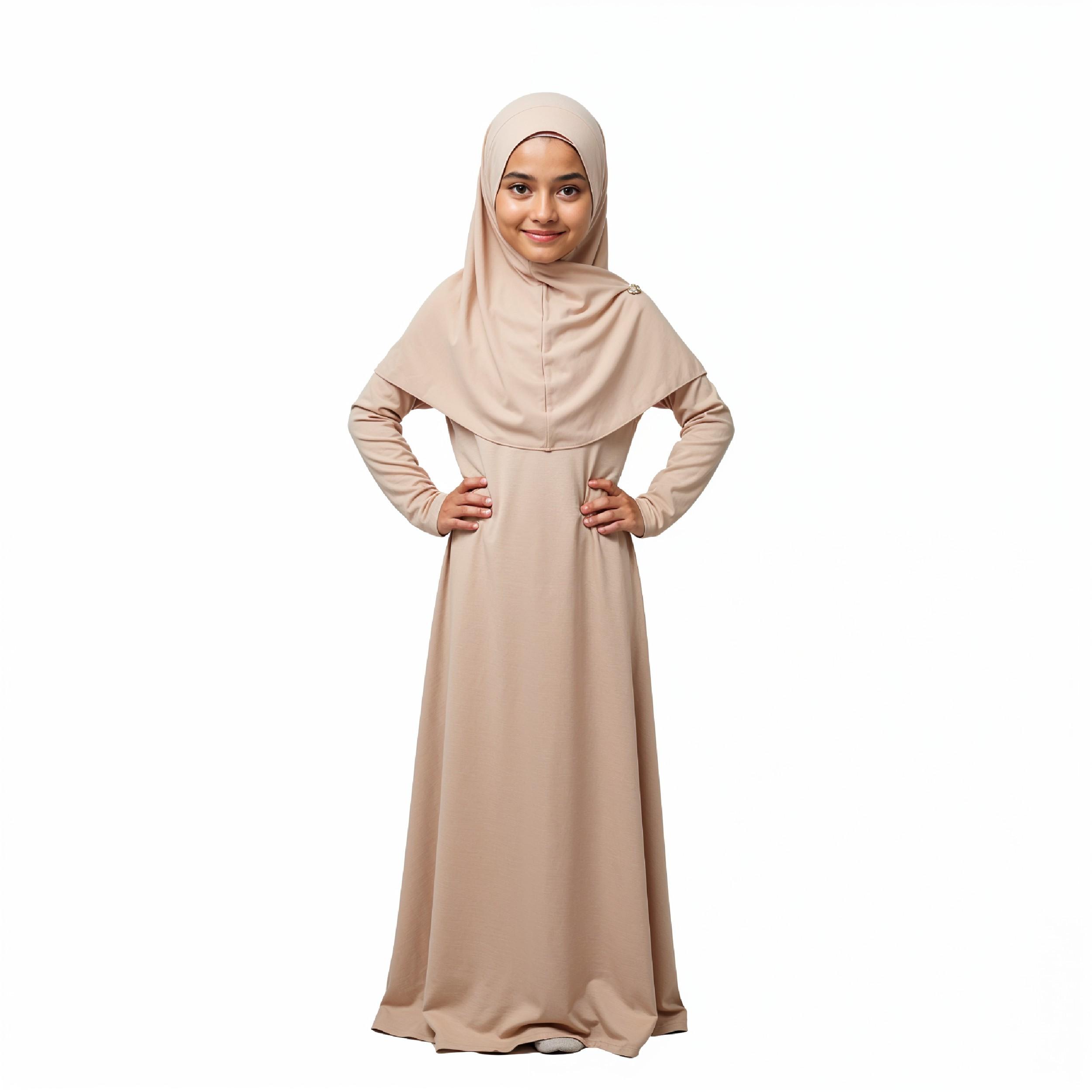 Cute Young Muslim Girl Wearing Beige Hijab and Modest Dress in Studio Portrait