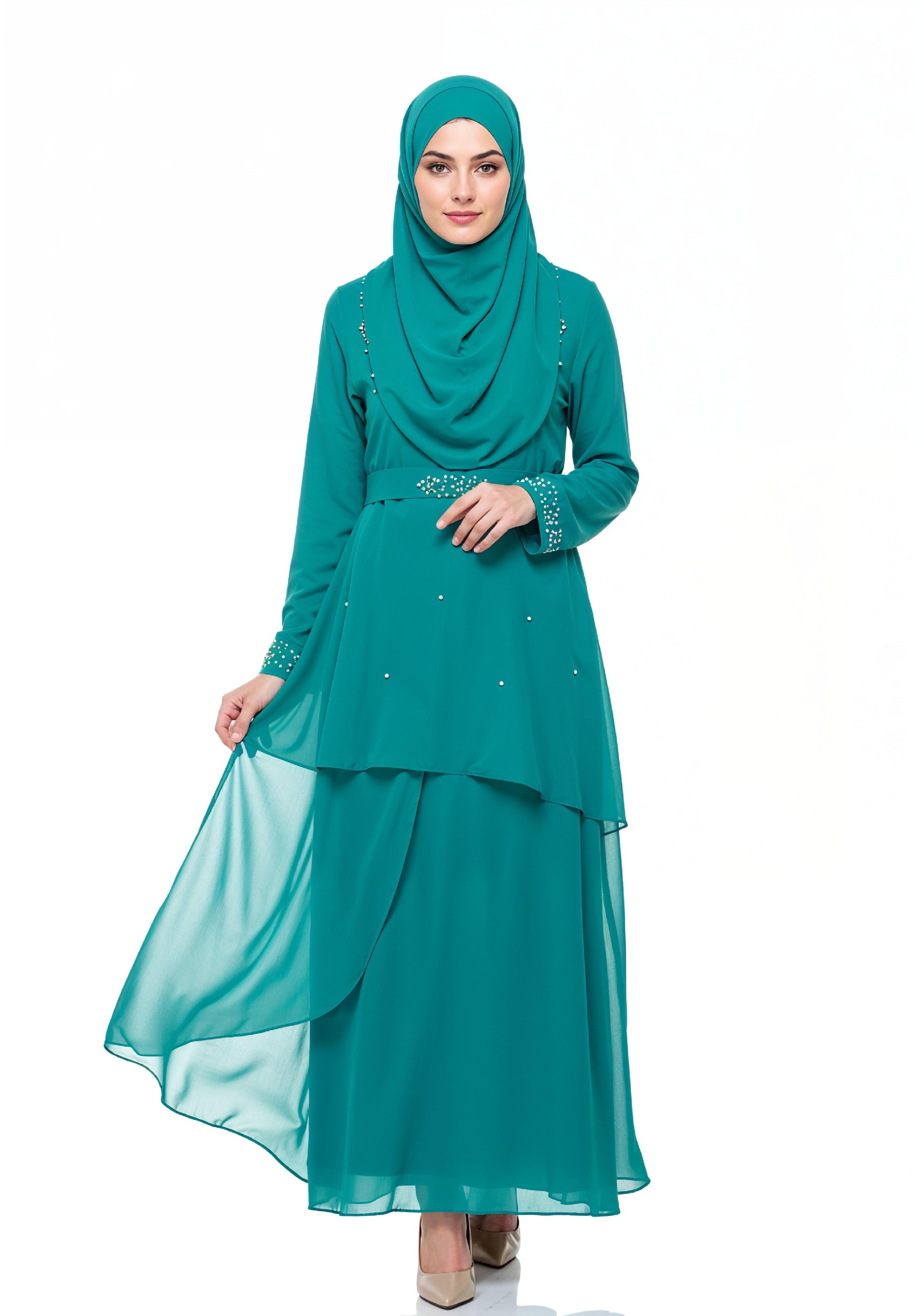 Elegant Muslim Girl in Turquoise Abaya and Hijab Full Length Isolated Fashion Portrait PNG