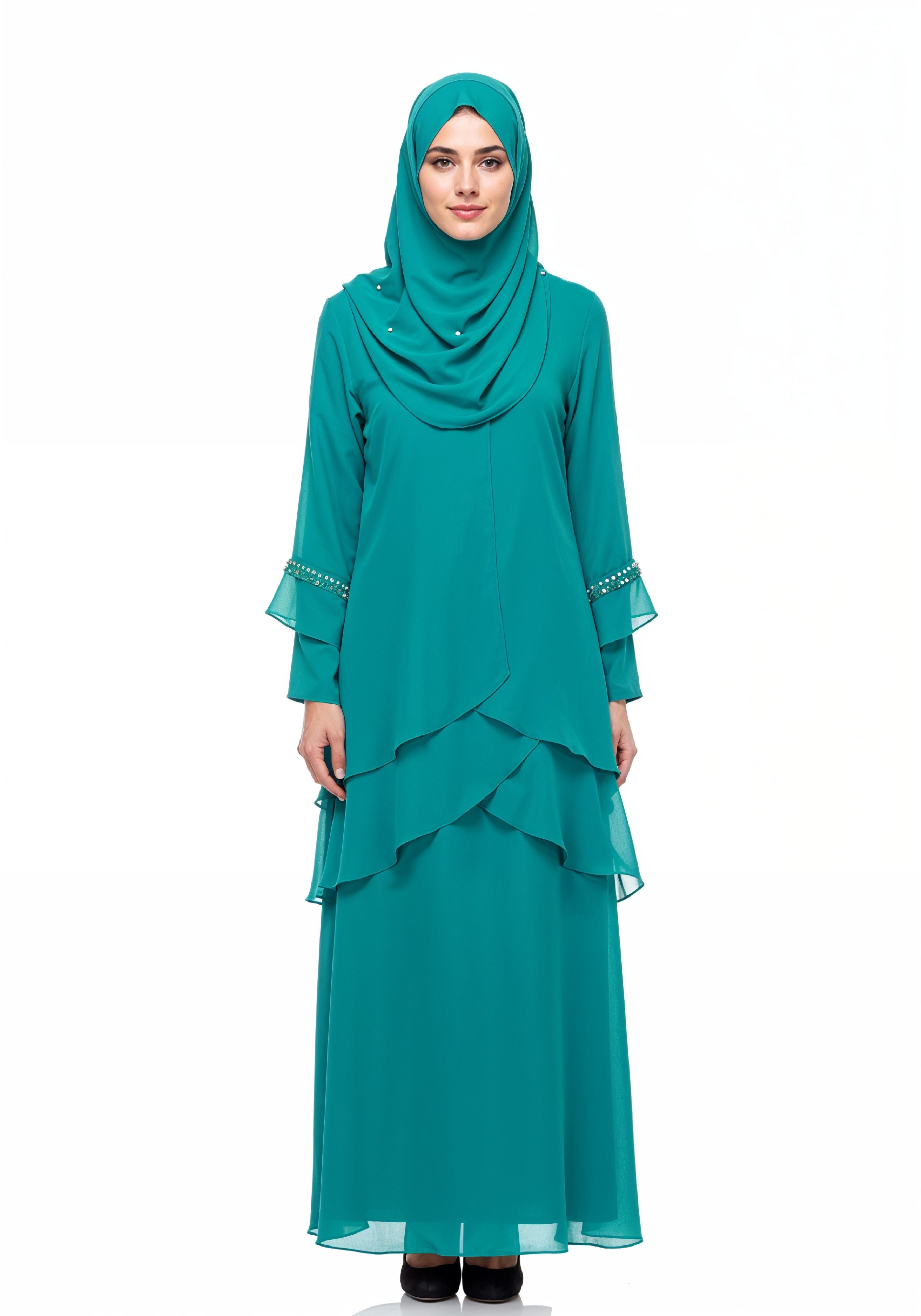 Elegant Muslim Girl in Turquoise Abaya and Hijab Full Length Isolated Fashion Portrait PNG