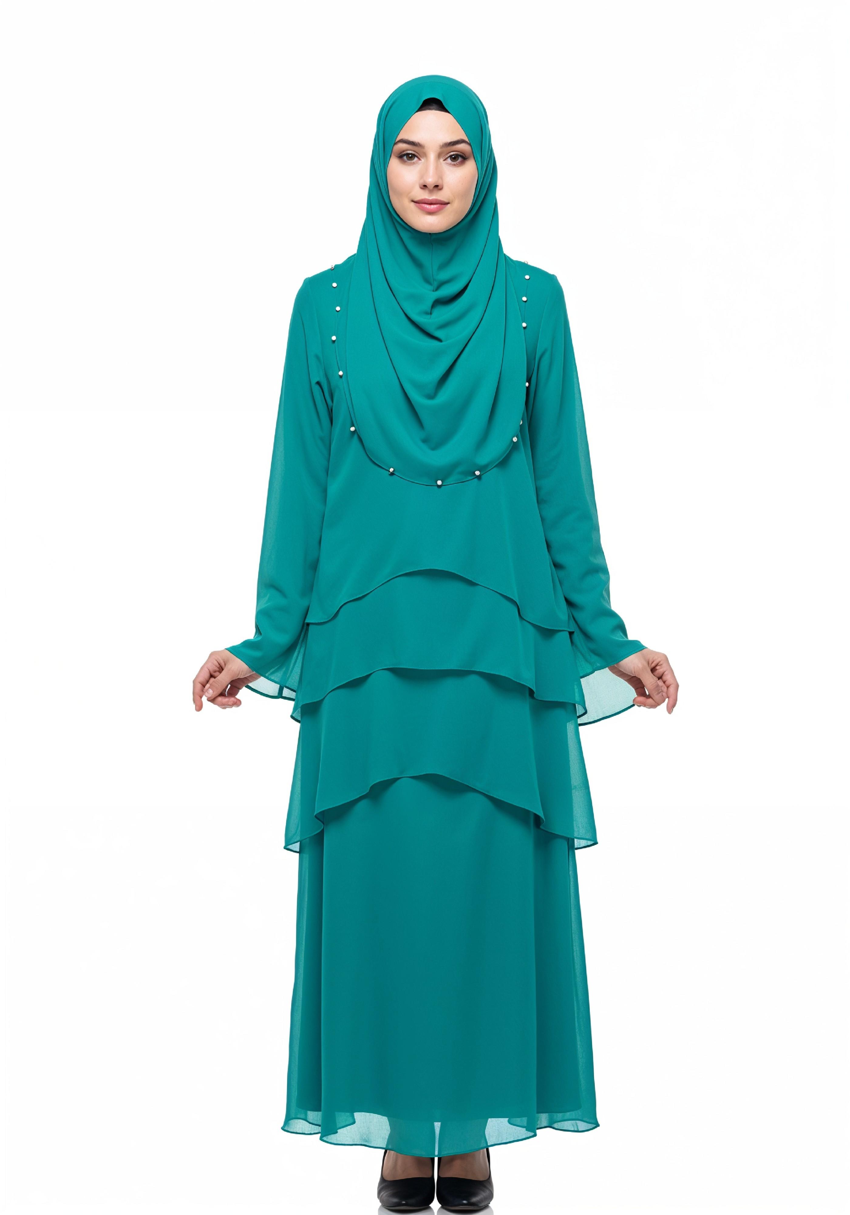 Elegant Muslim Girl in Turquoise Abaya and Hijab Full Length Isolated Fashion Portrait PNG