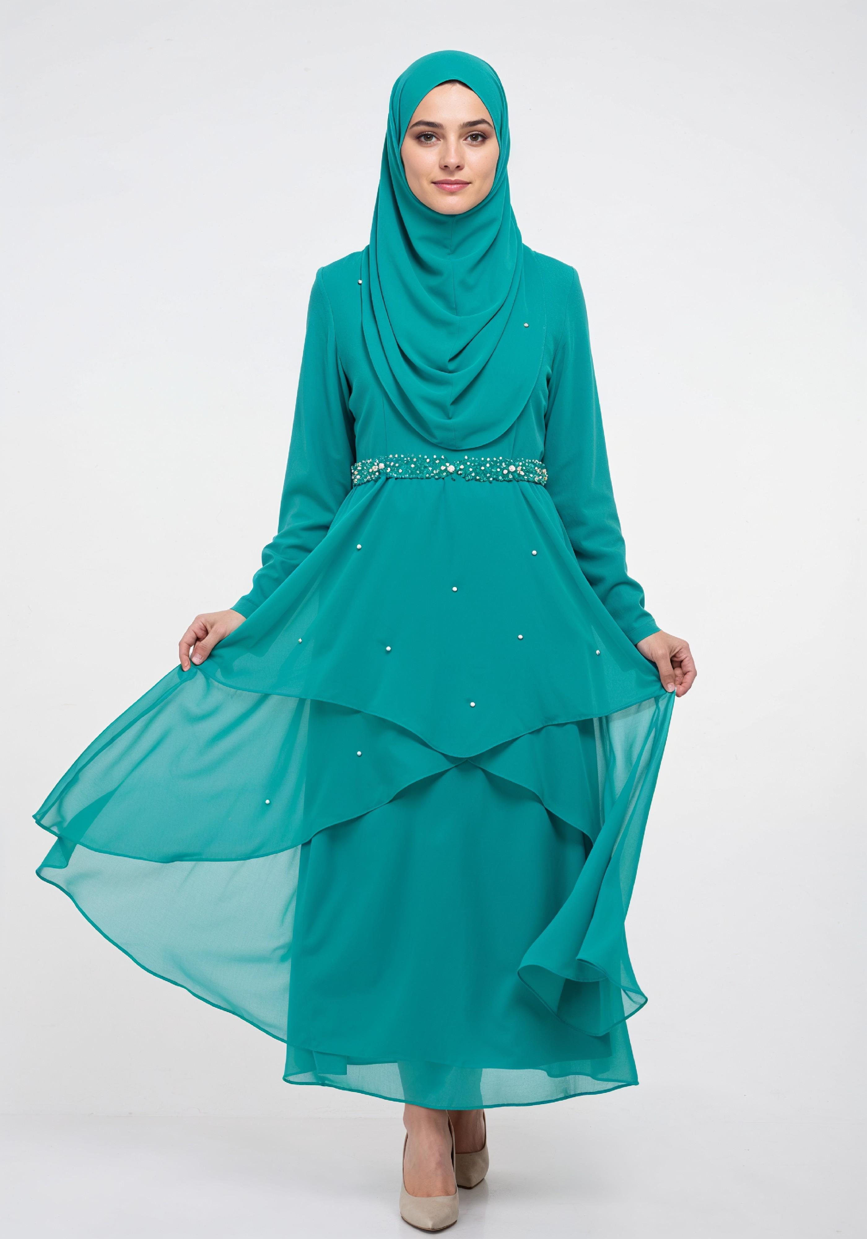 Elegant Muslim Girl in Turquoise Abaya and Hijab Full Length Isolated Fashion Portrait PNG