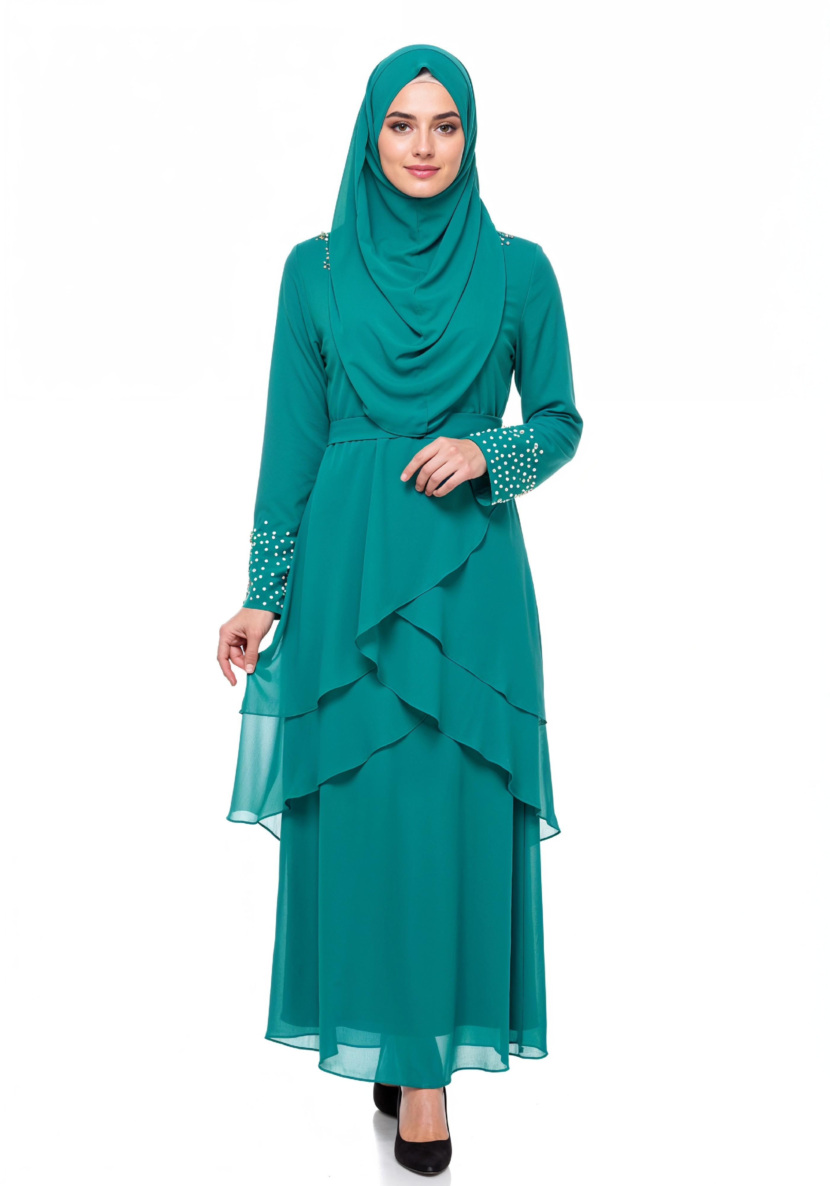 Elegant Muslim Girl in Turquoise Abaya and Hijab Full Length Isolated Fashion Portrait PNG