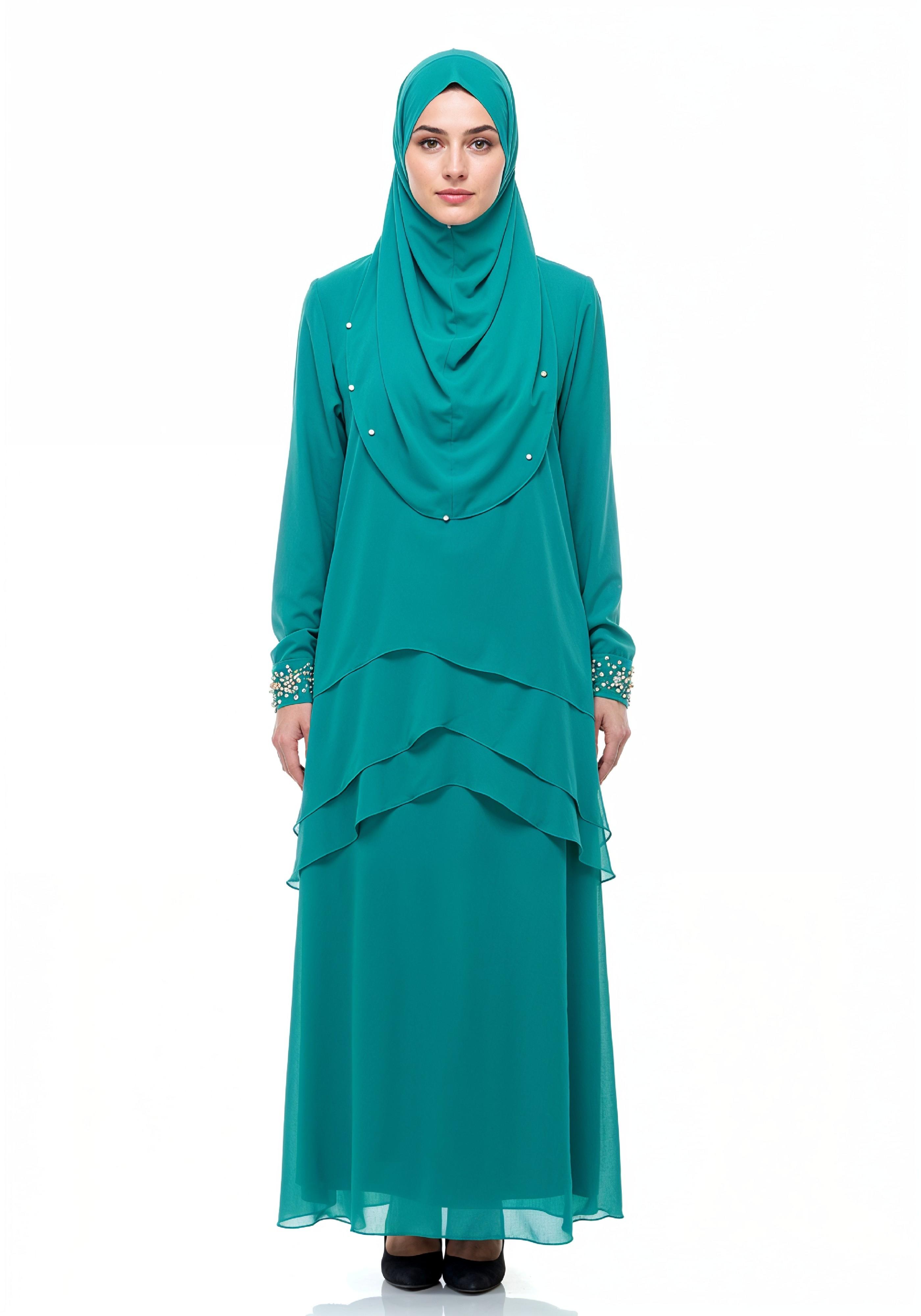 Elegant Muslim Girl in Turquoise Abaya and Hijab Full Length Isolated Fashion Portrait PNG