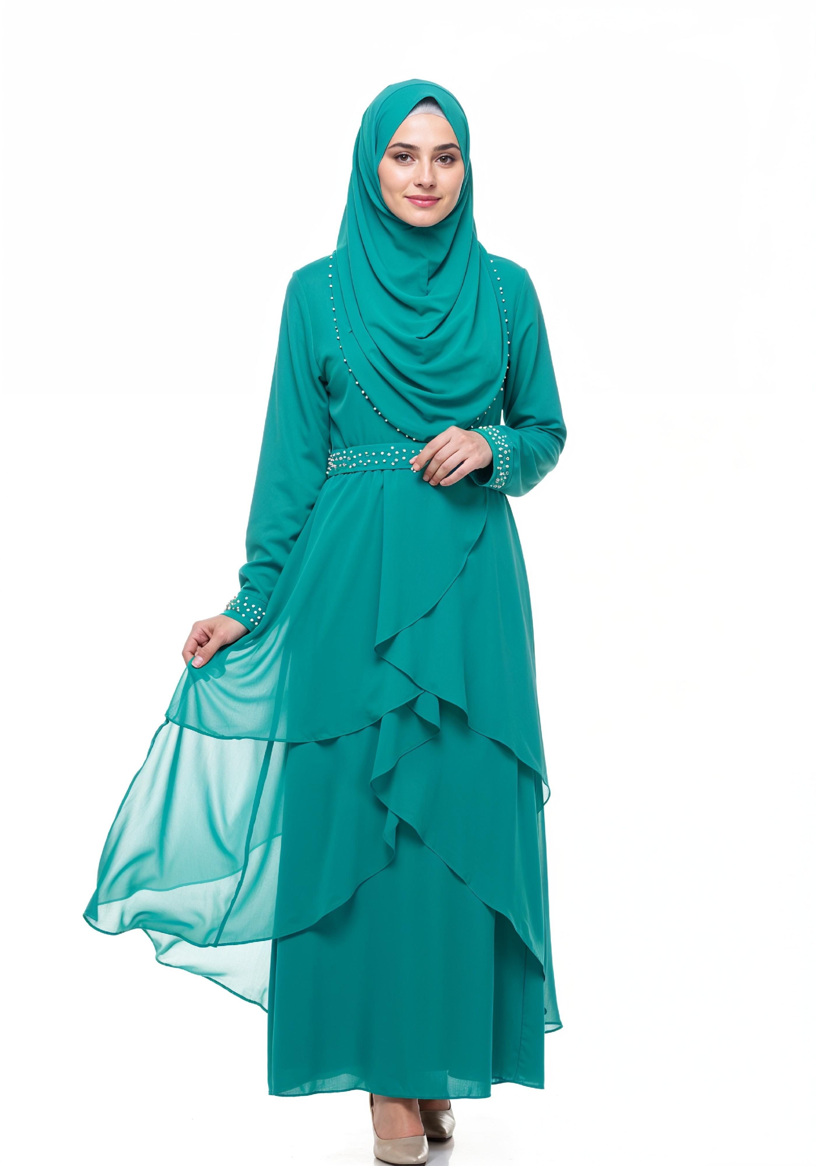 Elegant Muslim Girl in Turquoise Abaya and Hijab Full Length Isolated Fashion Portrait PNG