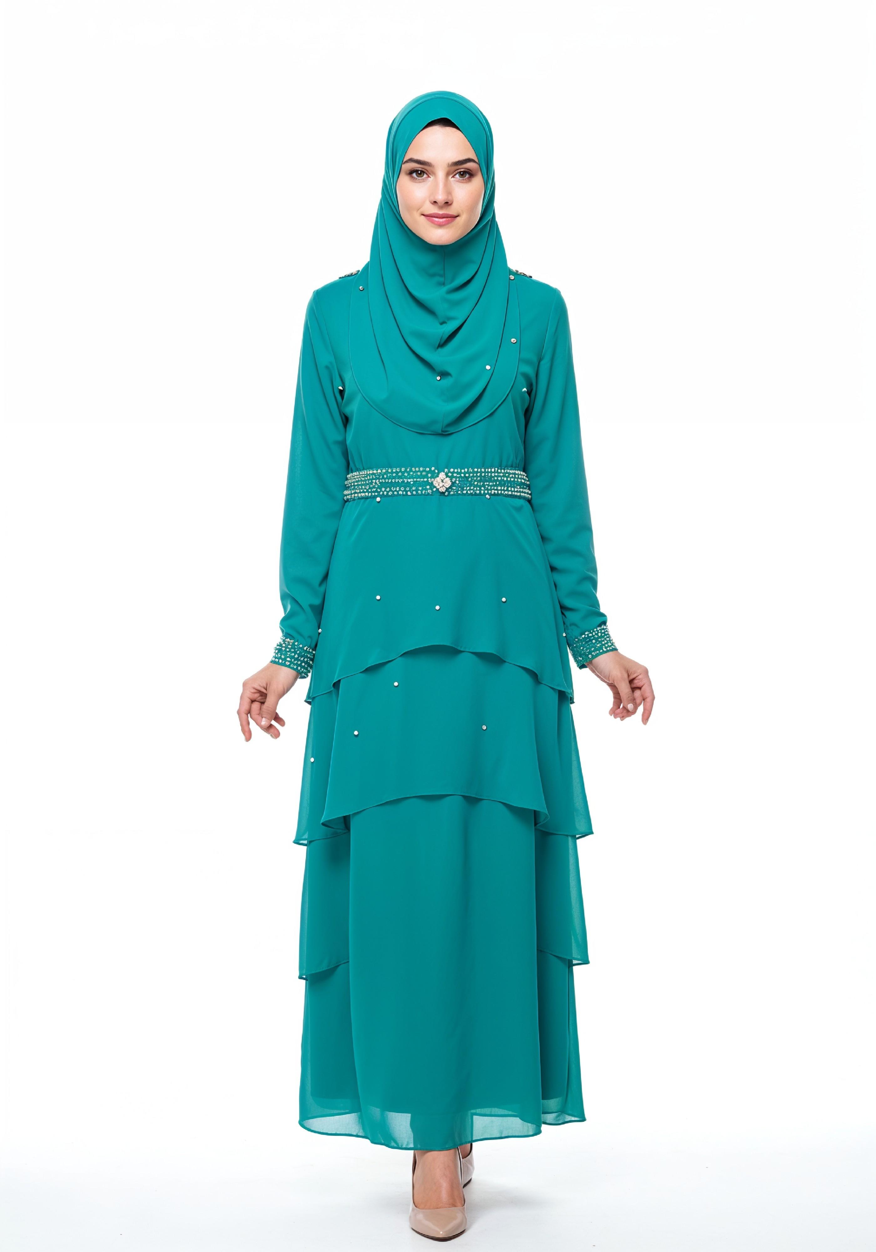 Elegant Muslim Girl in Turquoise Abaya and Hijab Full Length Isolated Fashion Portrait PNG