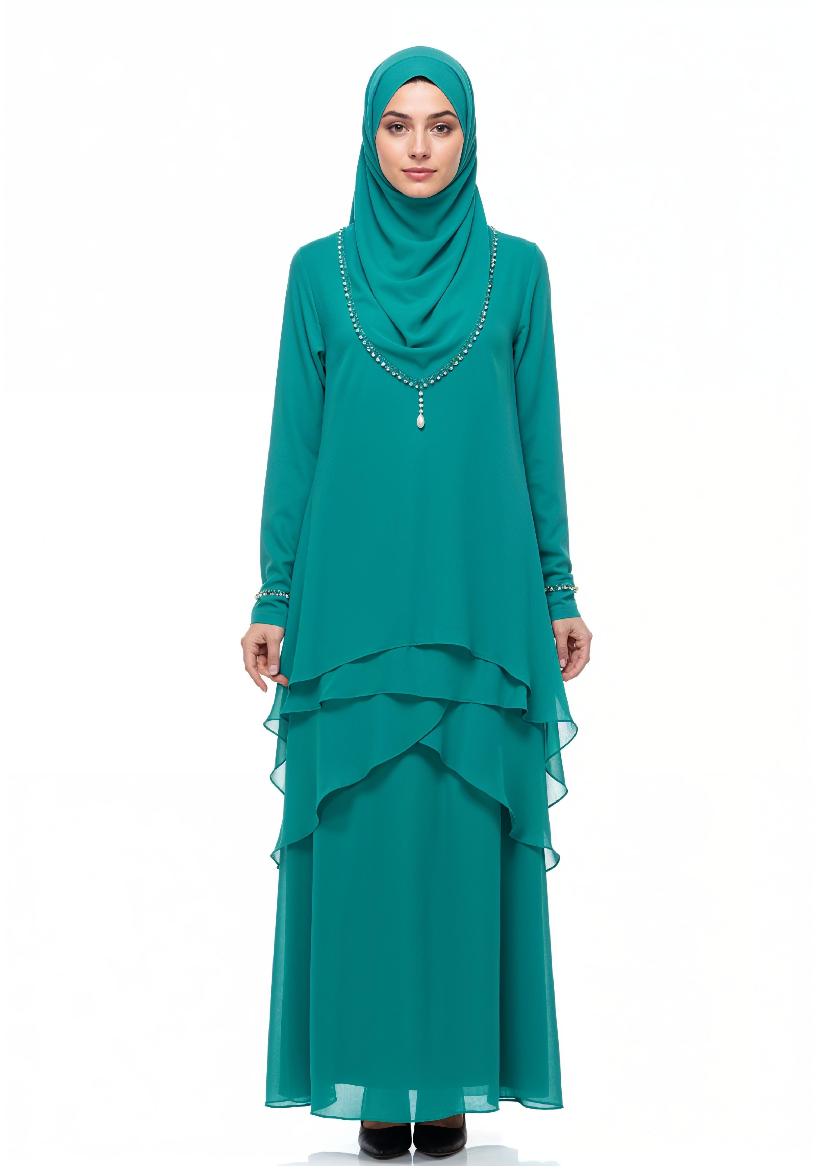 Elegant Muslim Girl in Turquoise Abaya and Hijab Full Length Isolated Fashion Portrait PNG