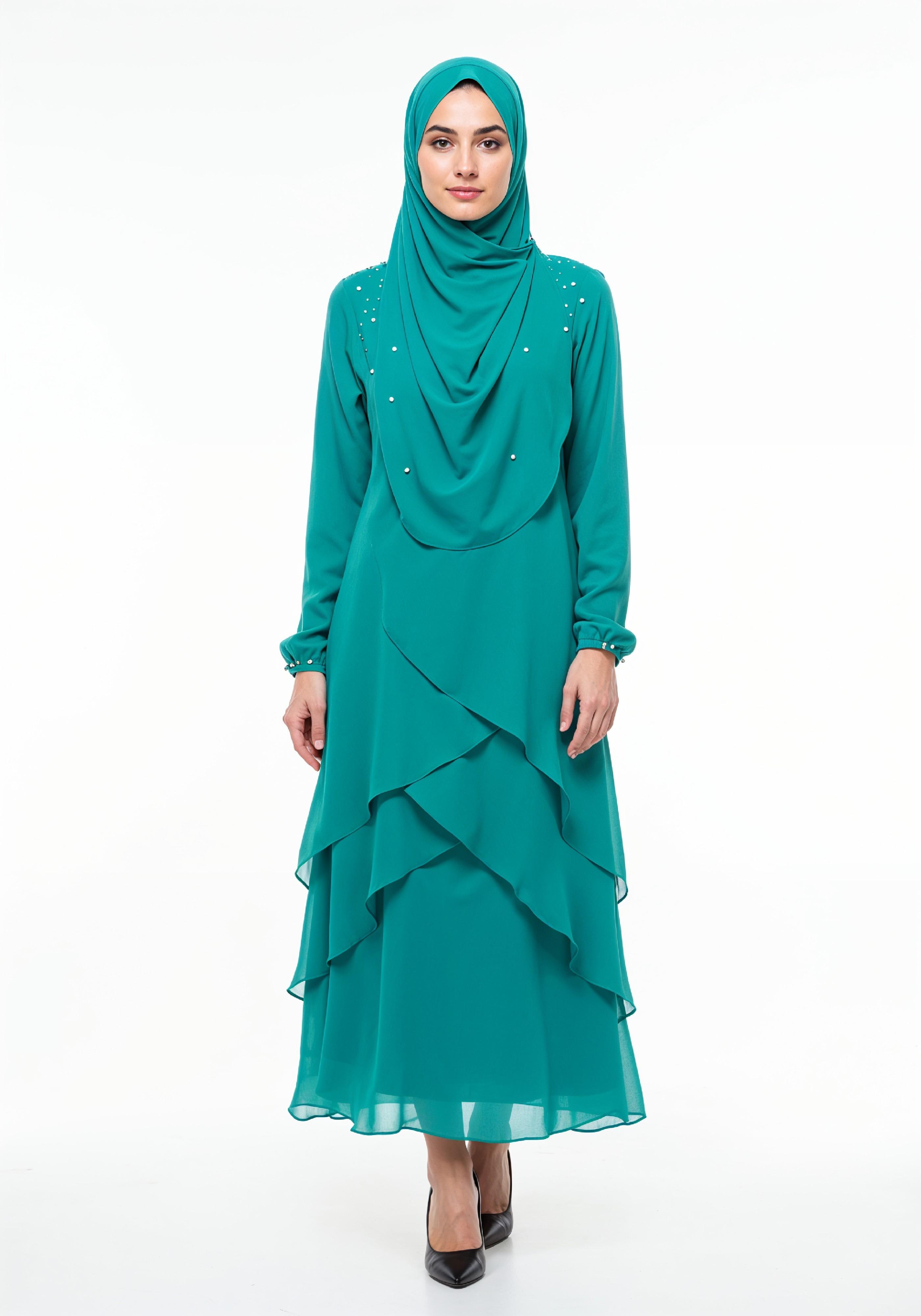 Elegant Muslim Girl in Turquoise Abaya and Hijab Full Length Isolated Fashion Portrait PNG
