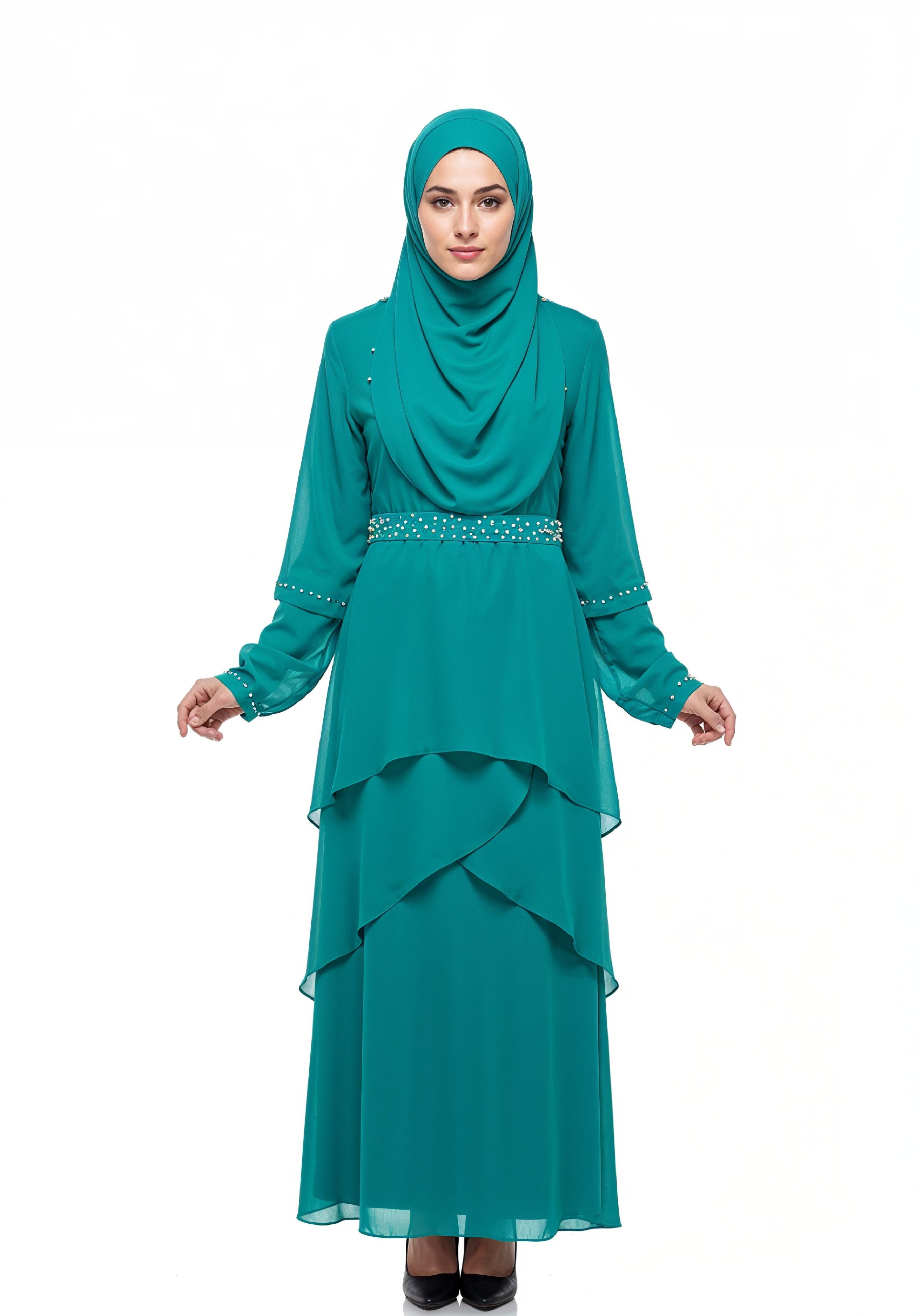 Elegant Muslim Girl in Turquoise Abaya and Hijab Full Length Isolated Fashion Portrait PNG