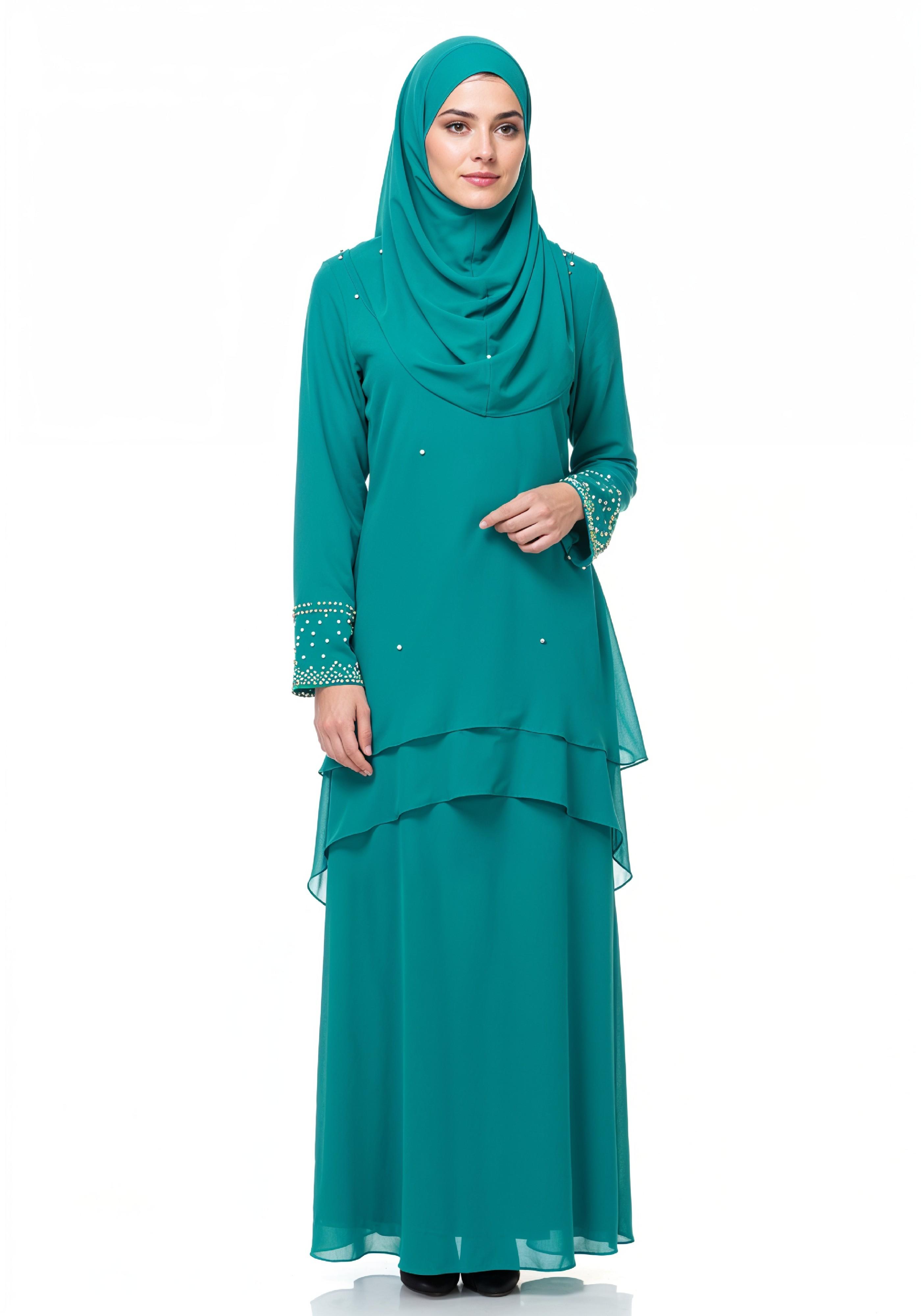 Elegant Muslim Girl in Turquoise Abaya and Hijab Full Length Isolated Fashion Portrait PNG