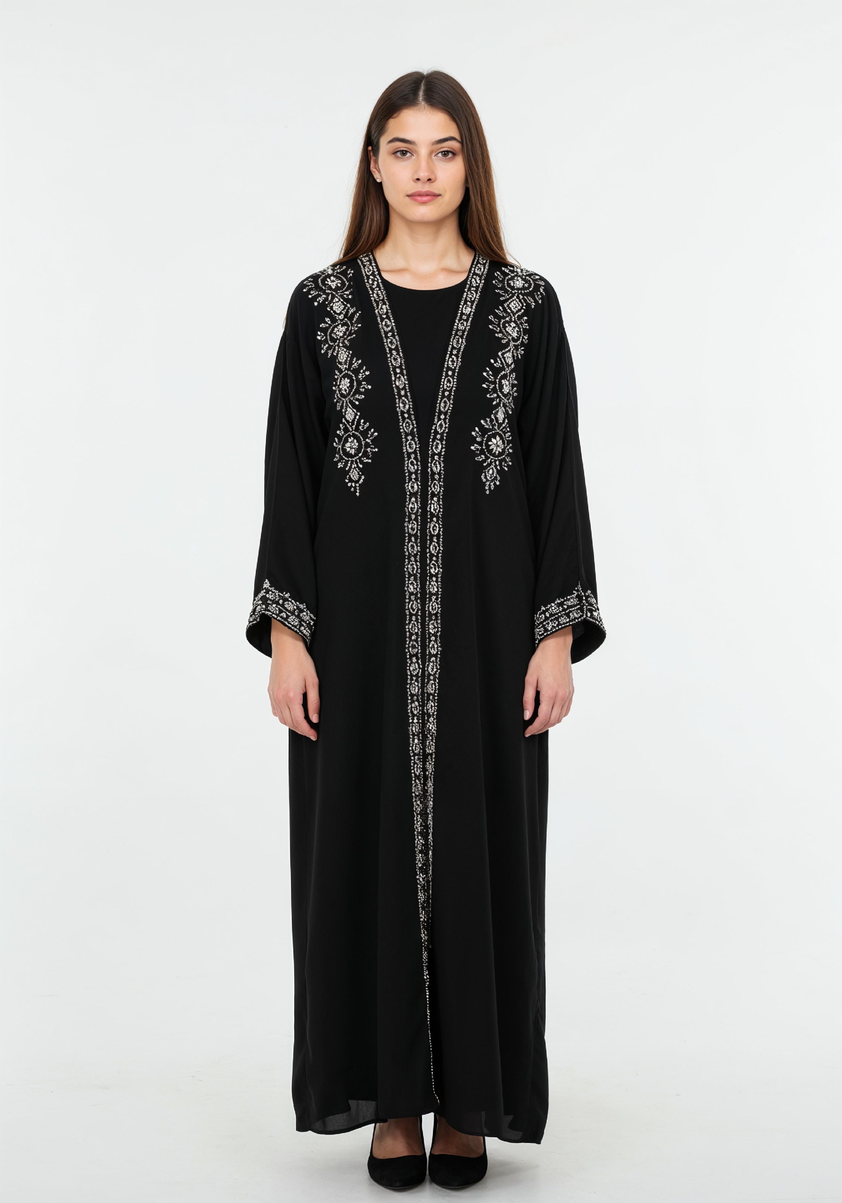 Elegant Muslim Woman in Black Embroidered Abaya and Hijab Full Length Fashion Portrait