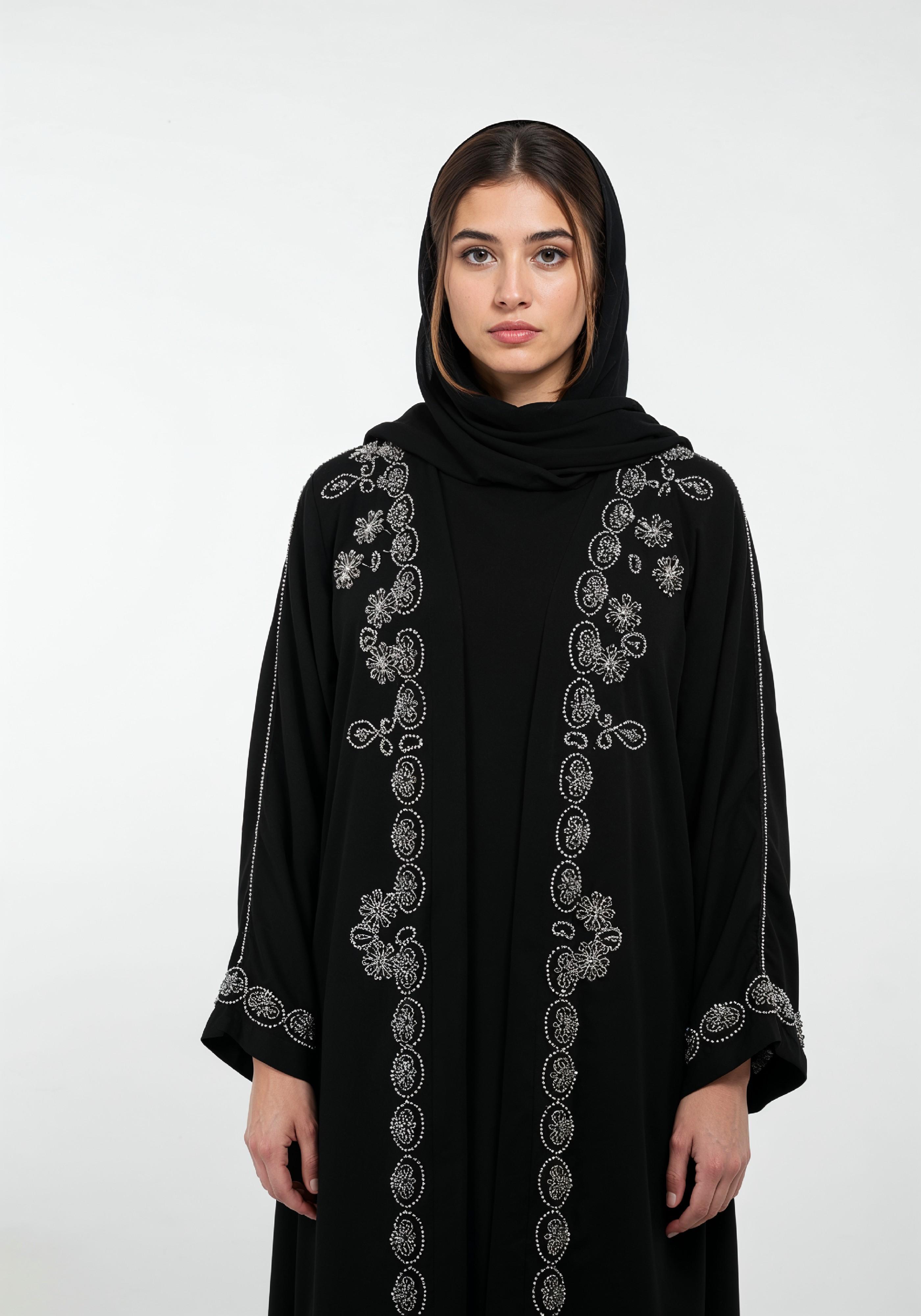 Elegant Muslim Woman in Black Embroidered Abaya and Hijab Full Length Fashion Portrait
