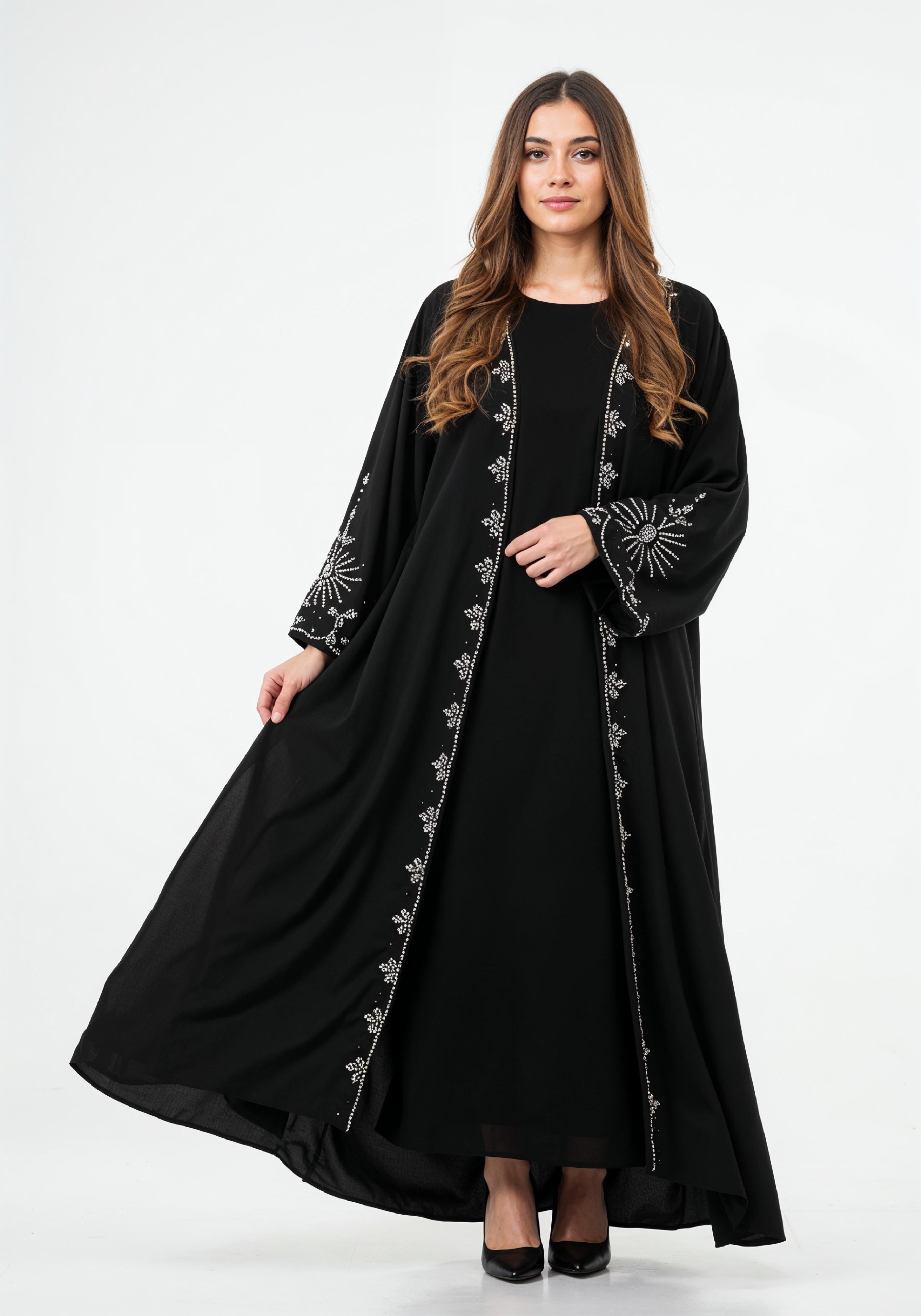 Elegant Muslim Woman in Black Embroidered Abaya and Hijab Full Length Fashion Portrait