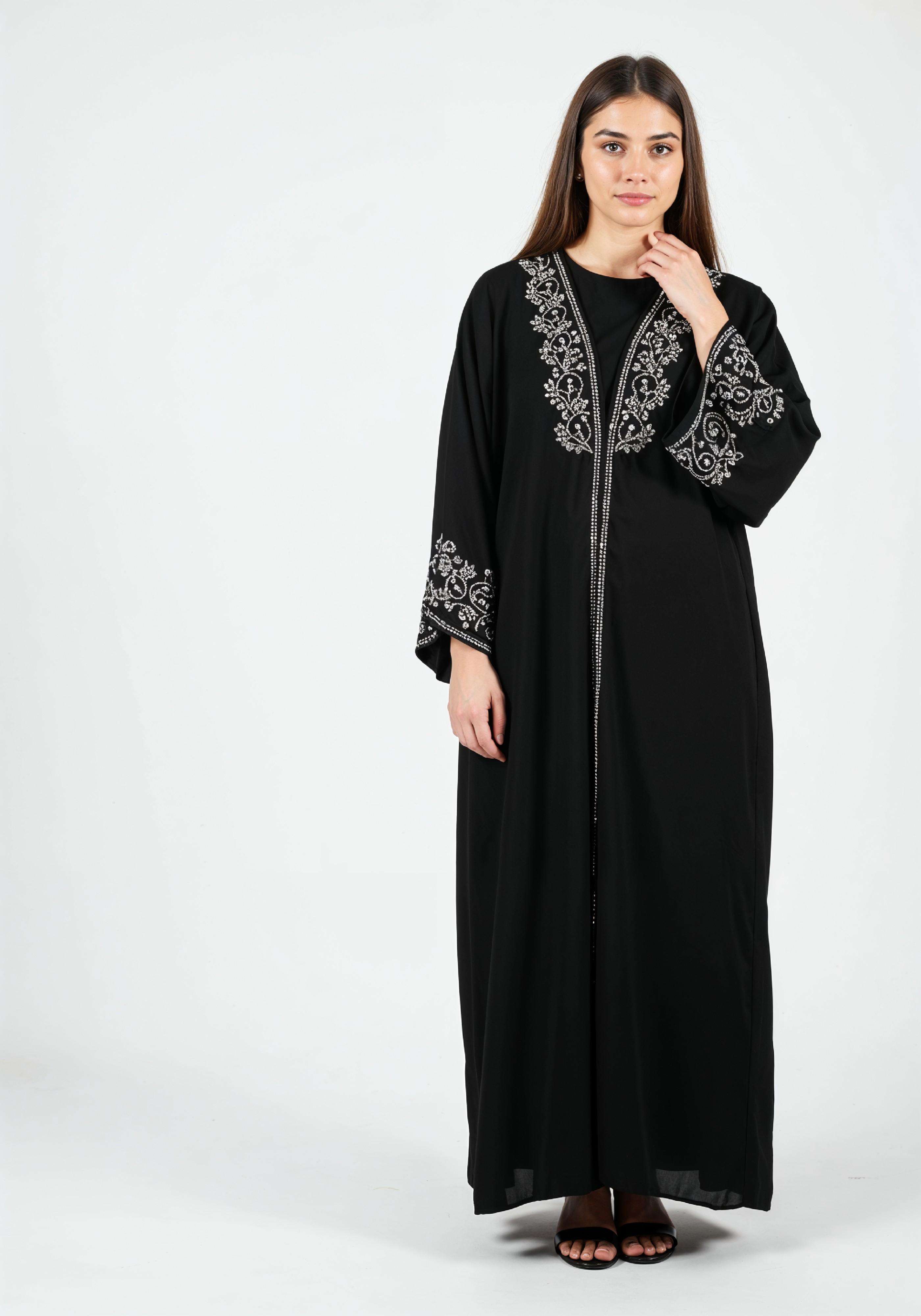 Elegant Muslim Woman in Black Embroidered Abaya and Hijab Full Length Fashion Portrait