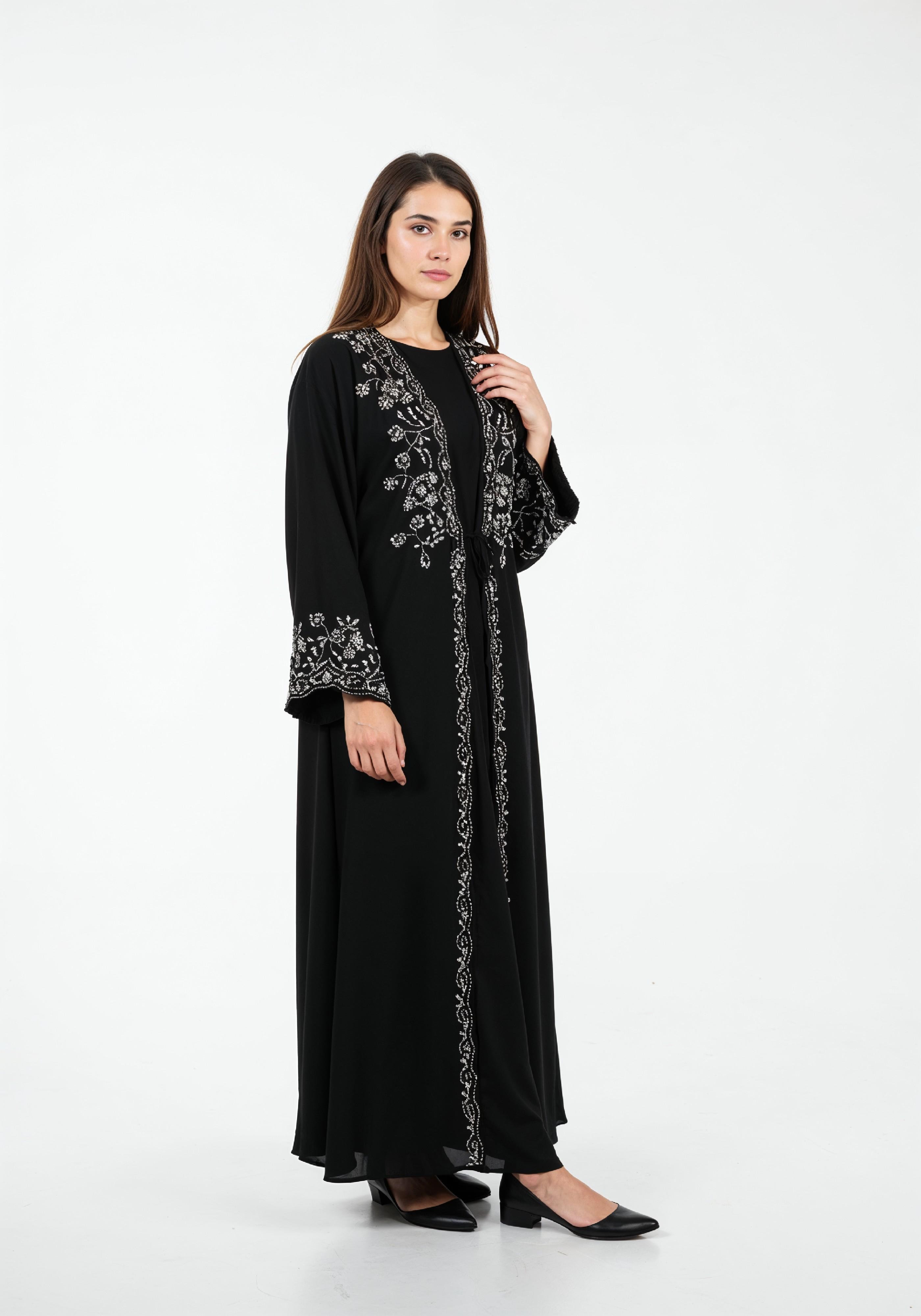 Elegant Muslim Woman in Black Embroidered Abaya and Hijab Full Length Fashion Portrait