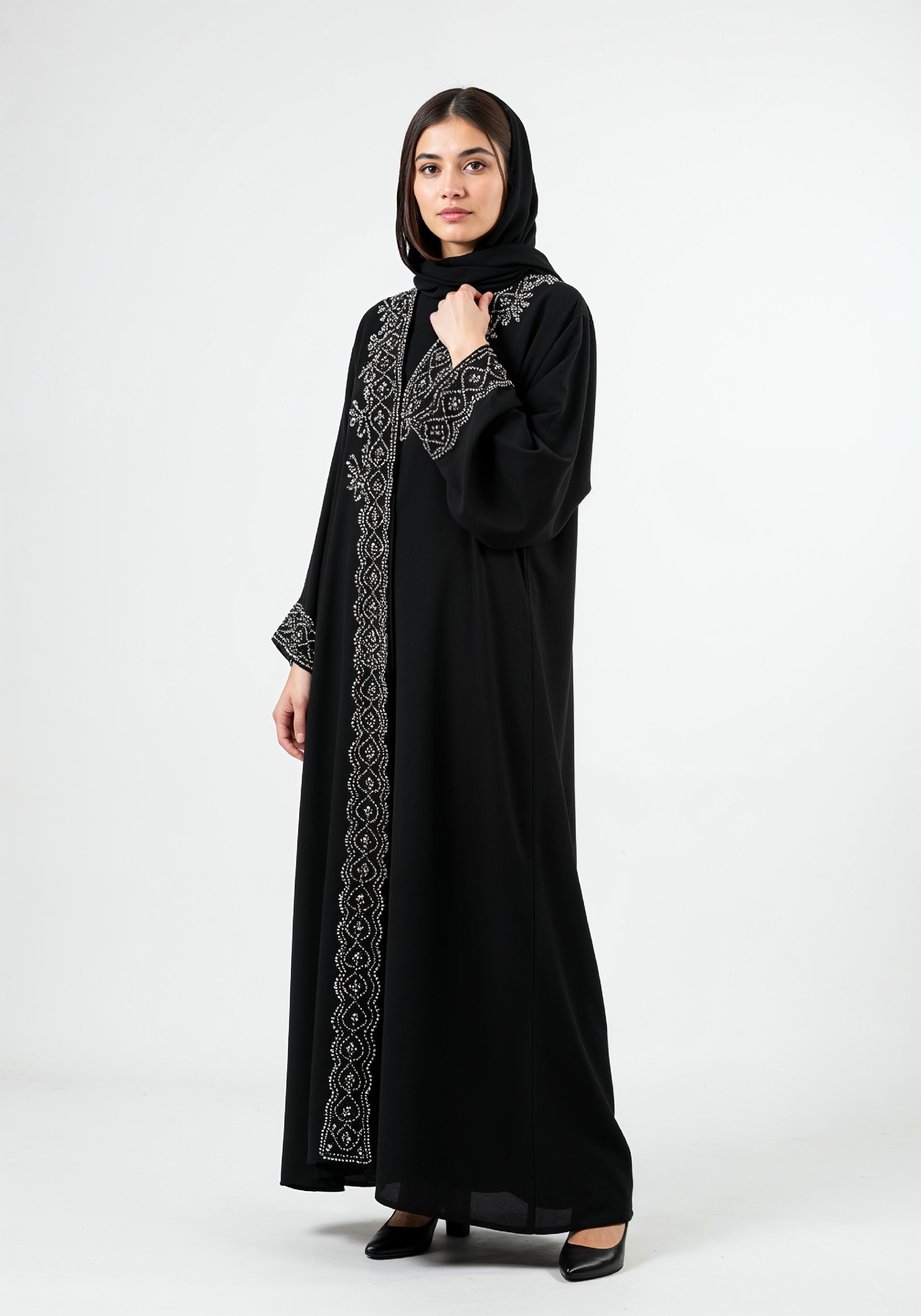 Elegant Muslim Woman in Black Embroidered Abaya and Hijab Full Length Fashion Portrait