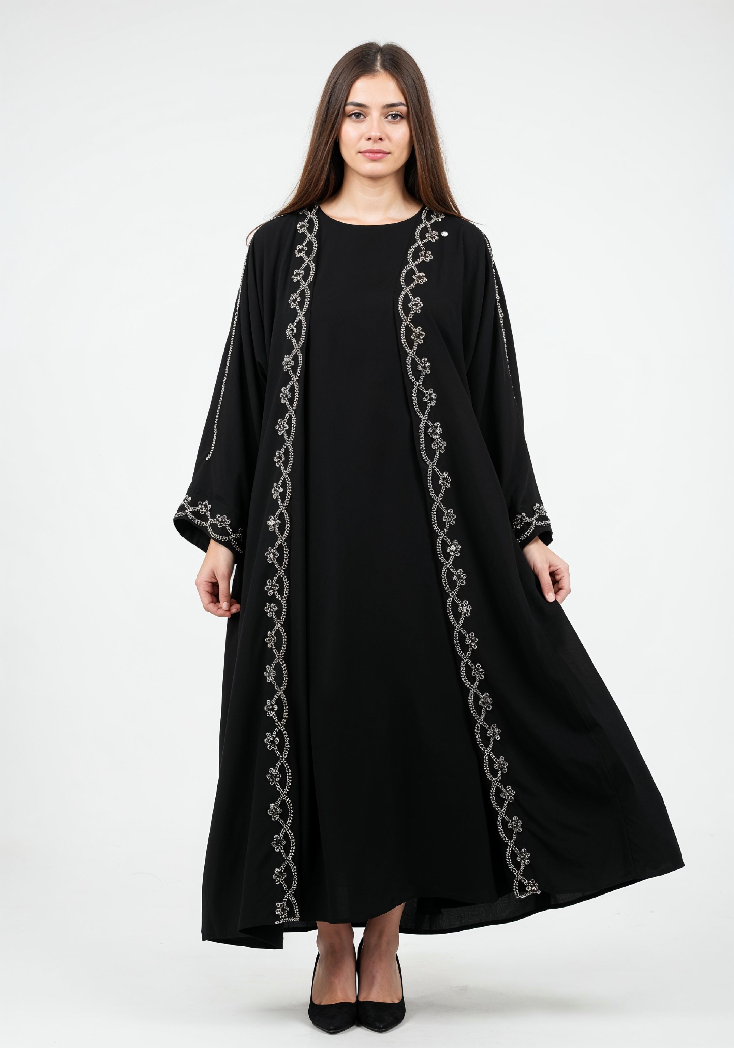 Elegant Muslim Woman in Black Embroidered Abaya and Hijab Full Length Fashion Portrait