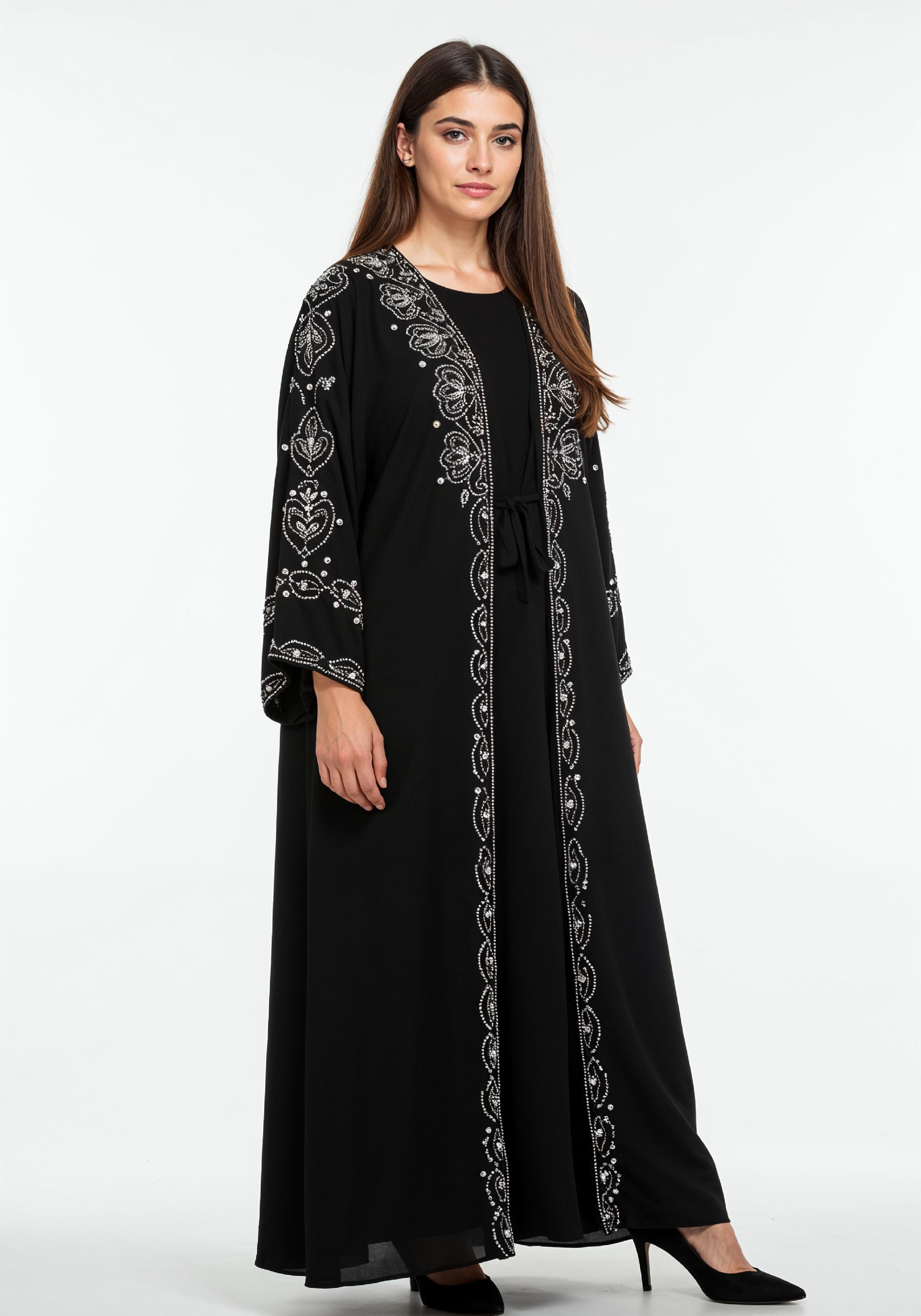 Elegant Muslim Woman in Black Embroidered Abaya and Hijab Full Length Fashion Portrait