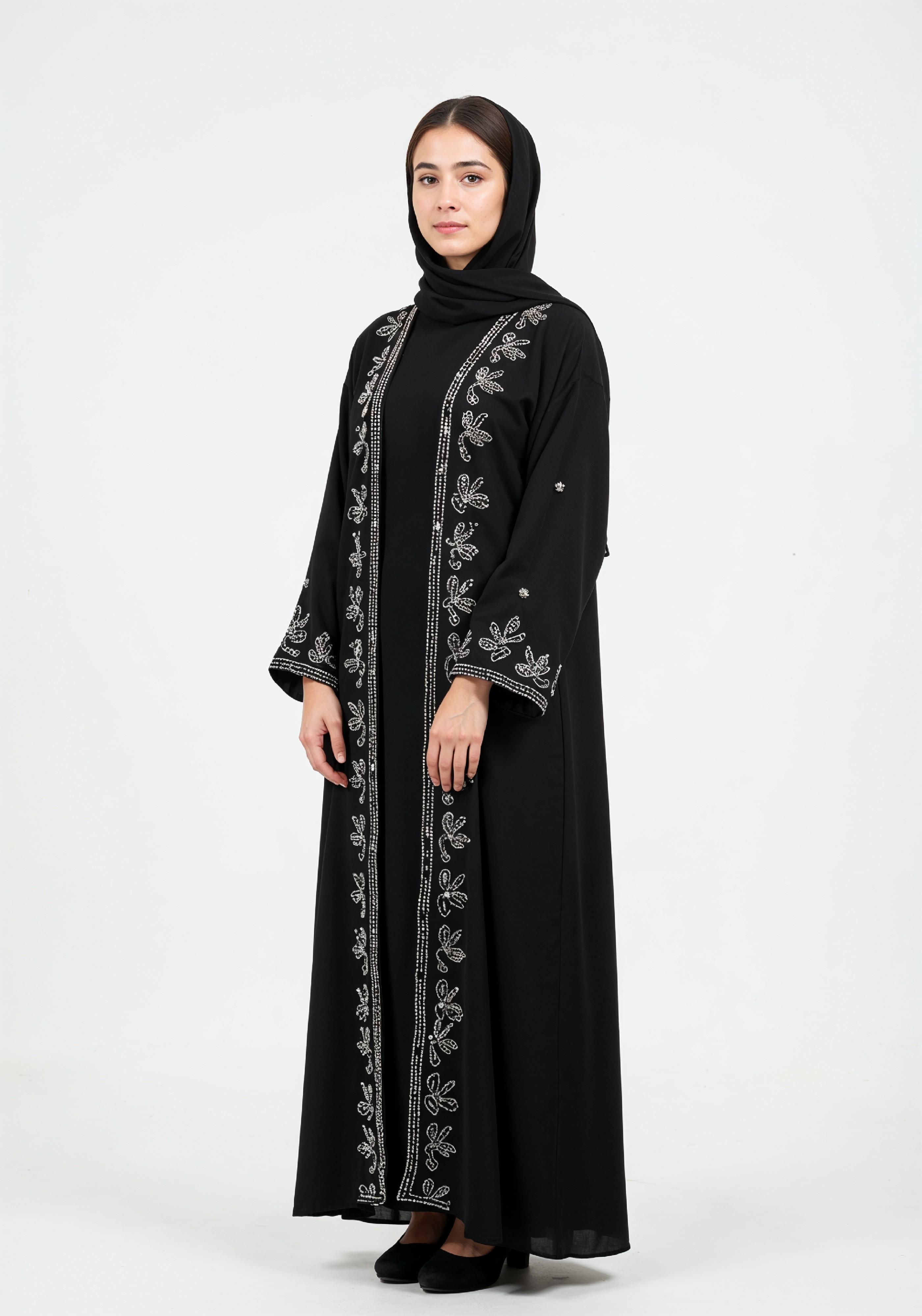 Elegant Muslim Woman in Black Embroidered Abaya and Hijab Full Length Fashion Portrait