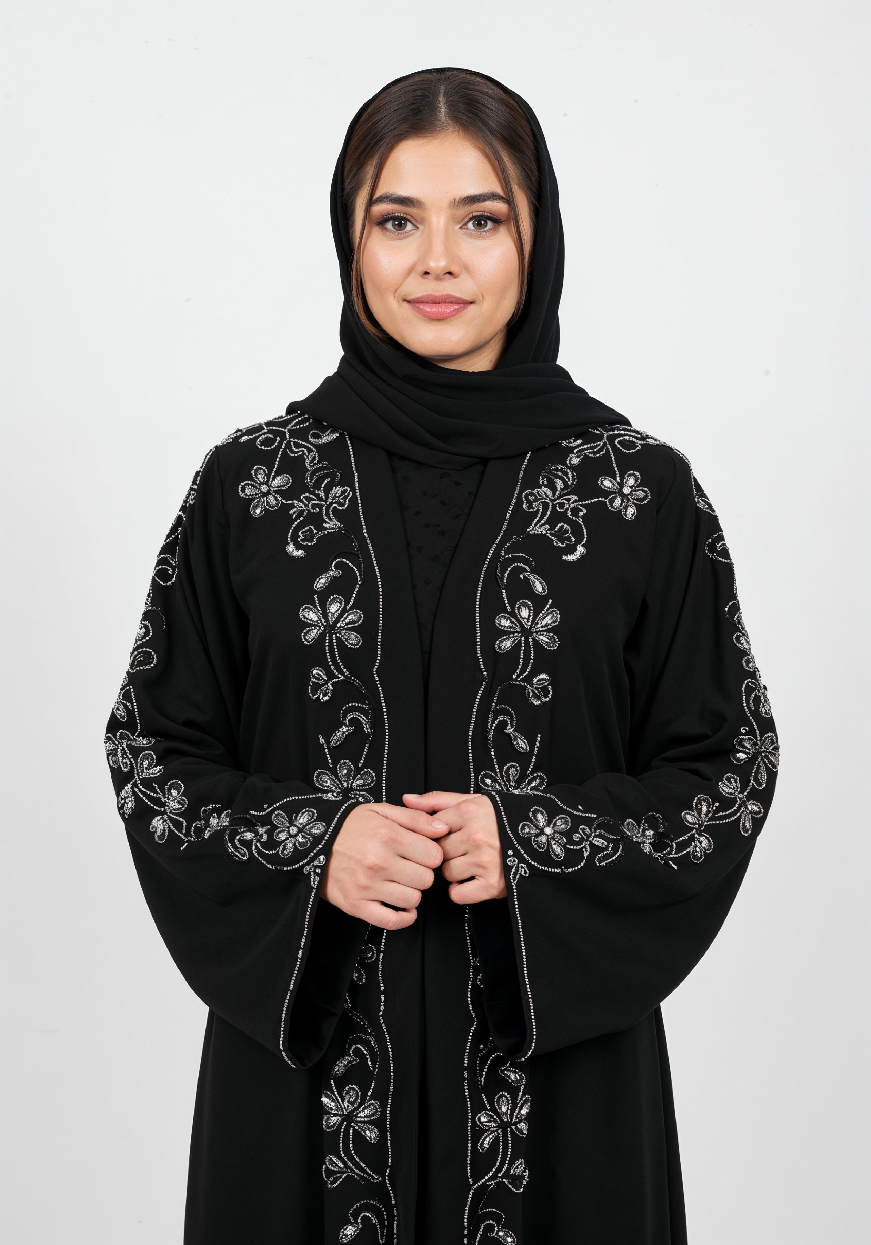 Elegant Muslim Woman in Black Embroidered Abaya and Hijab Full Length Fashion Portrait