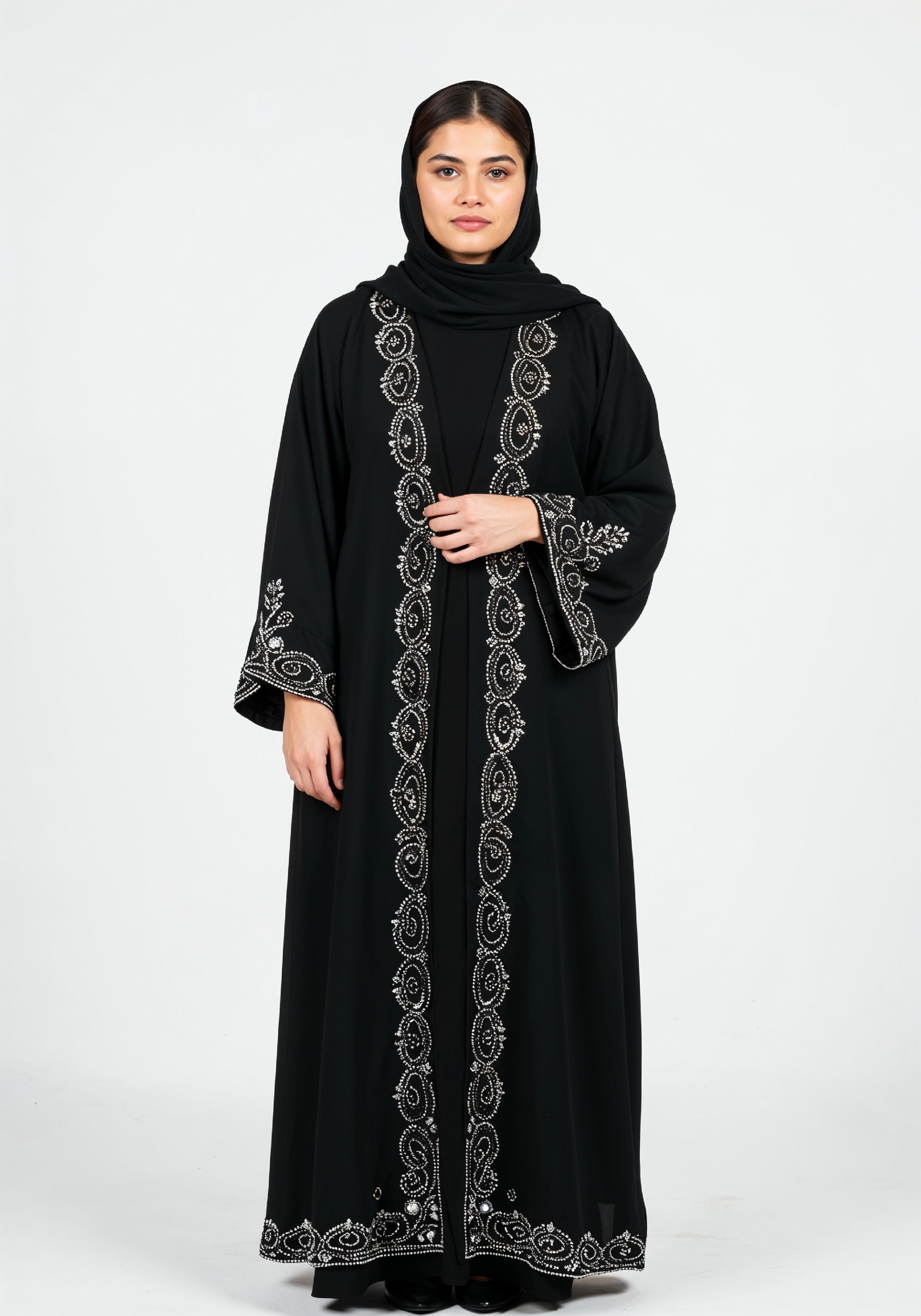 Elegant Muslim Woman in Black Embroidered Abaya and Hijab Full Length Fashion Portrait