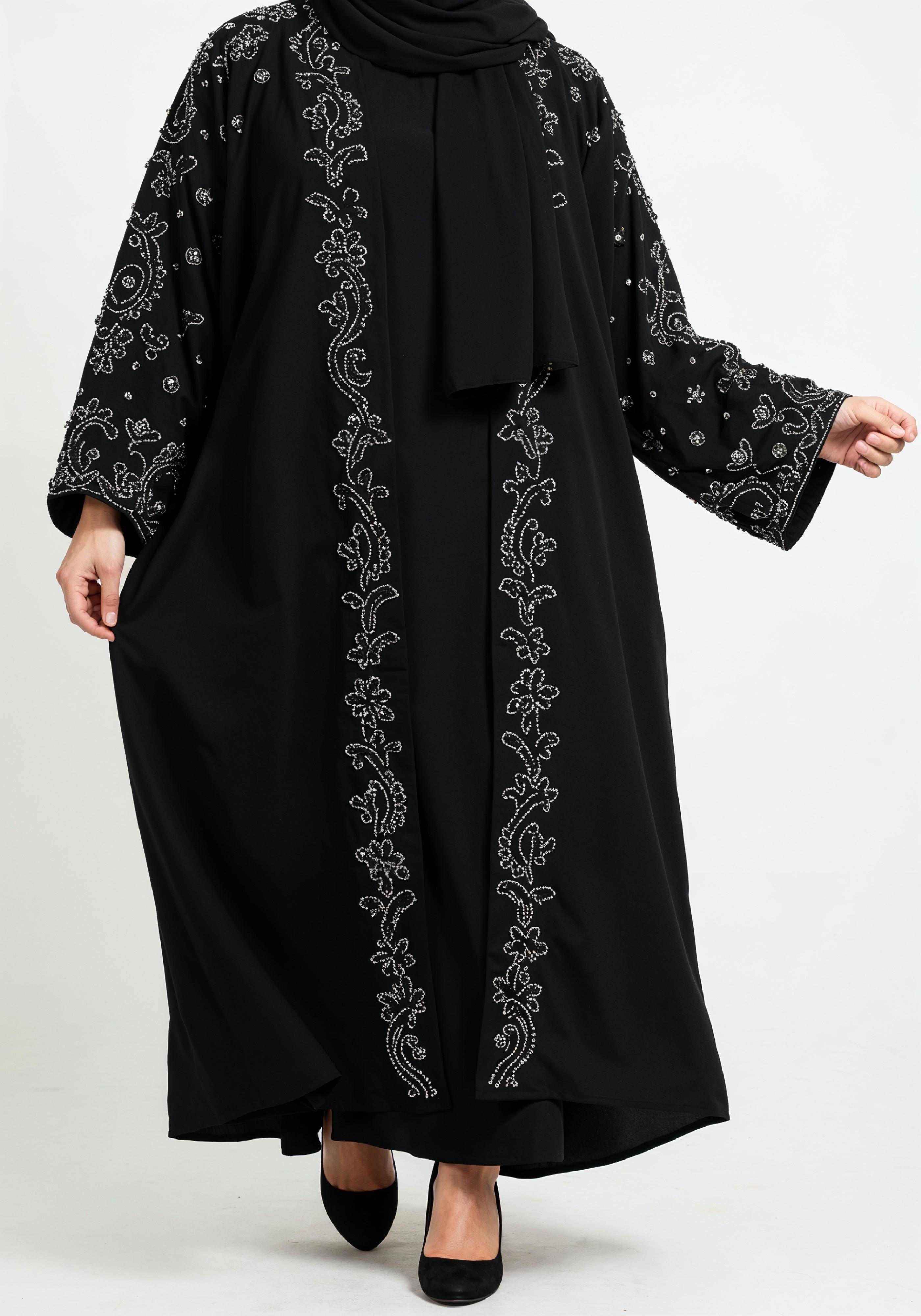 Elegant Muslim Woman in Black Embroidered Abaya and Hijab Full Length Fashion Portrait