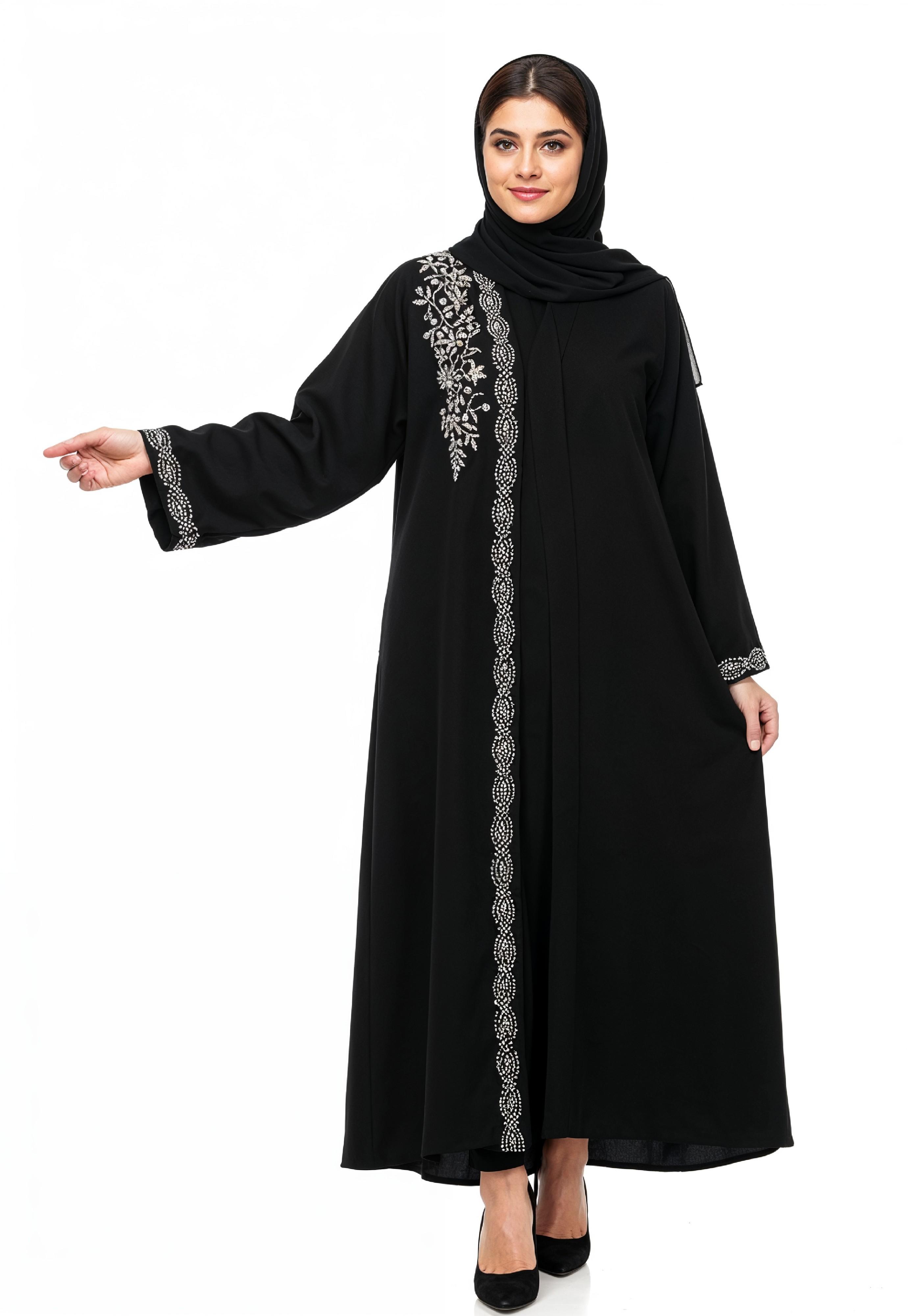 Elegant Muslim Woman in Black Embroidered Abaya and Hijab Full Length Fashion Portrait