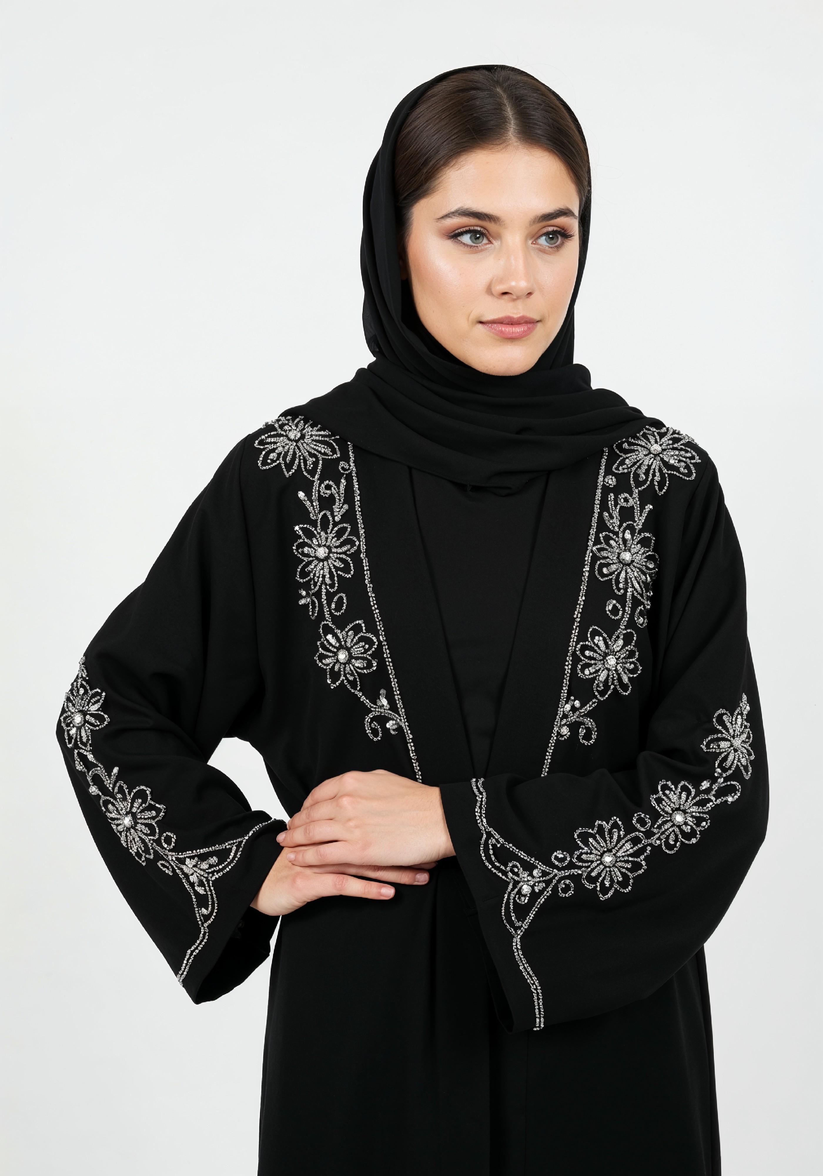 Elegant Muslim Woman in Black Embroidered Abaya and Hijab Full Length Fashion Portrait
