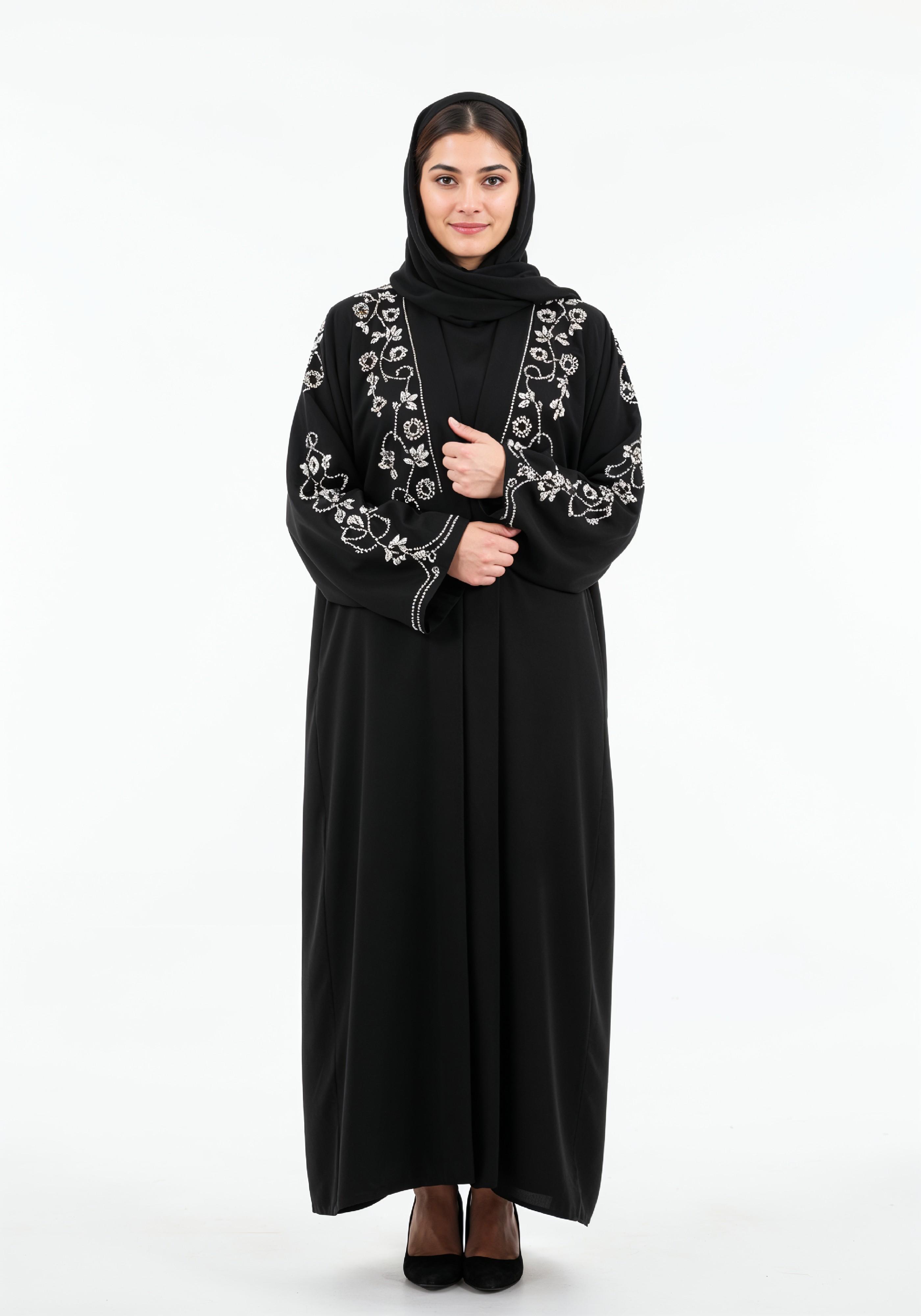 Elegant Muslim Woman in Black Embroidered Abaya and Hijab Full Length Fashion Portrait