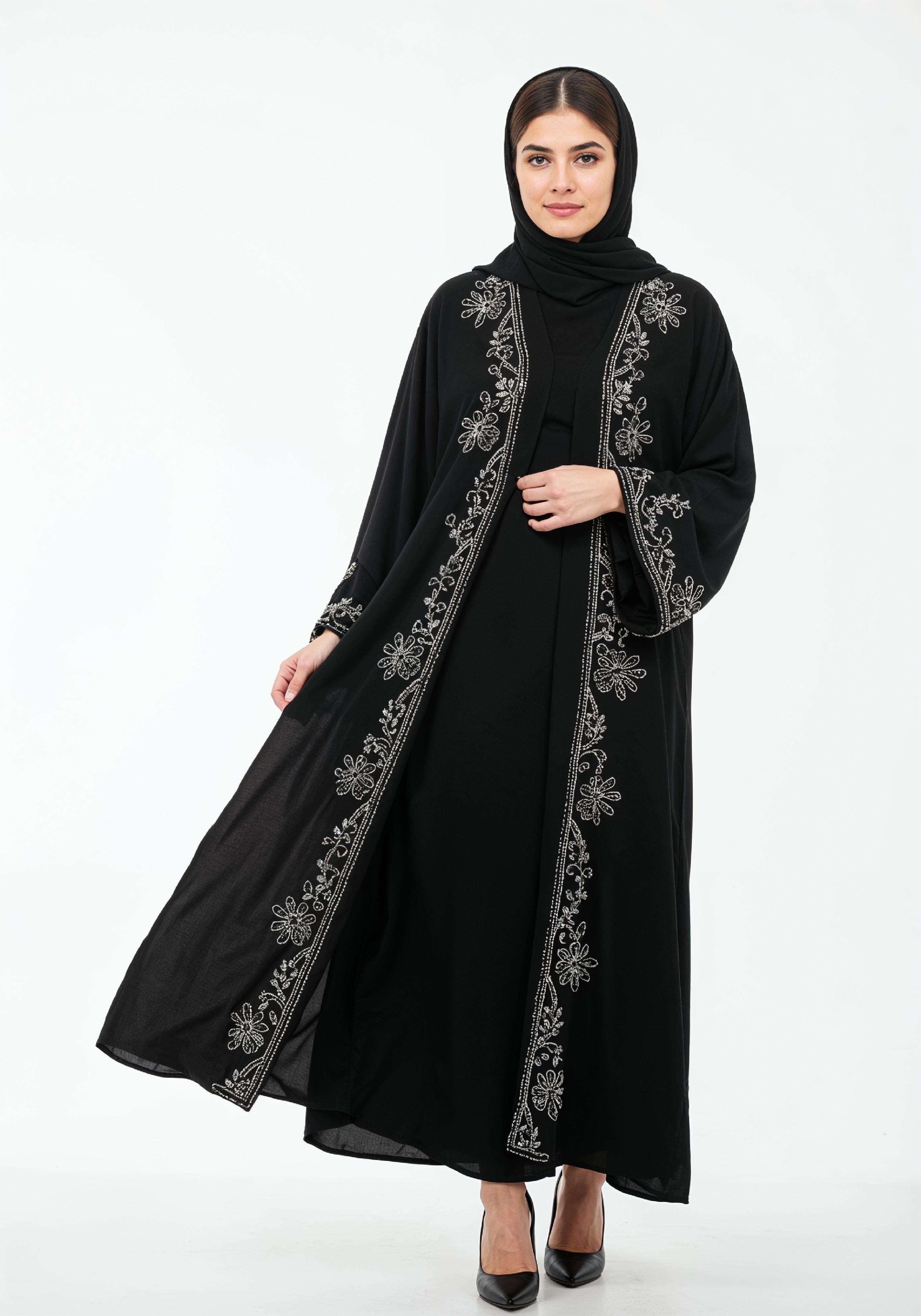 Elegant Muslim Woman in Black Embroidered Abaya and Hijab Full Length Fashion Portrait