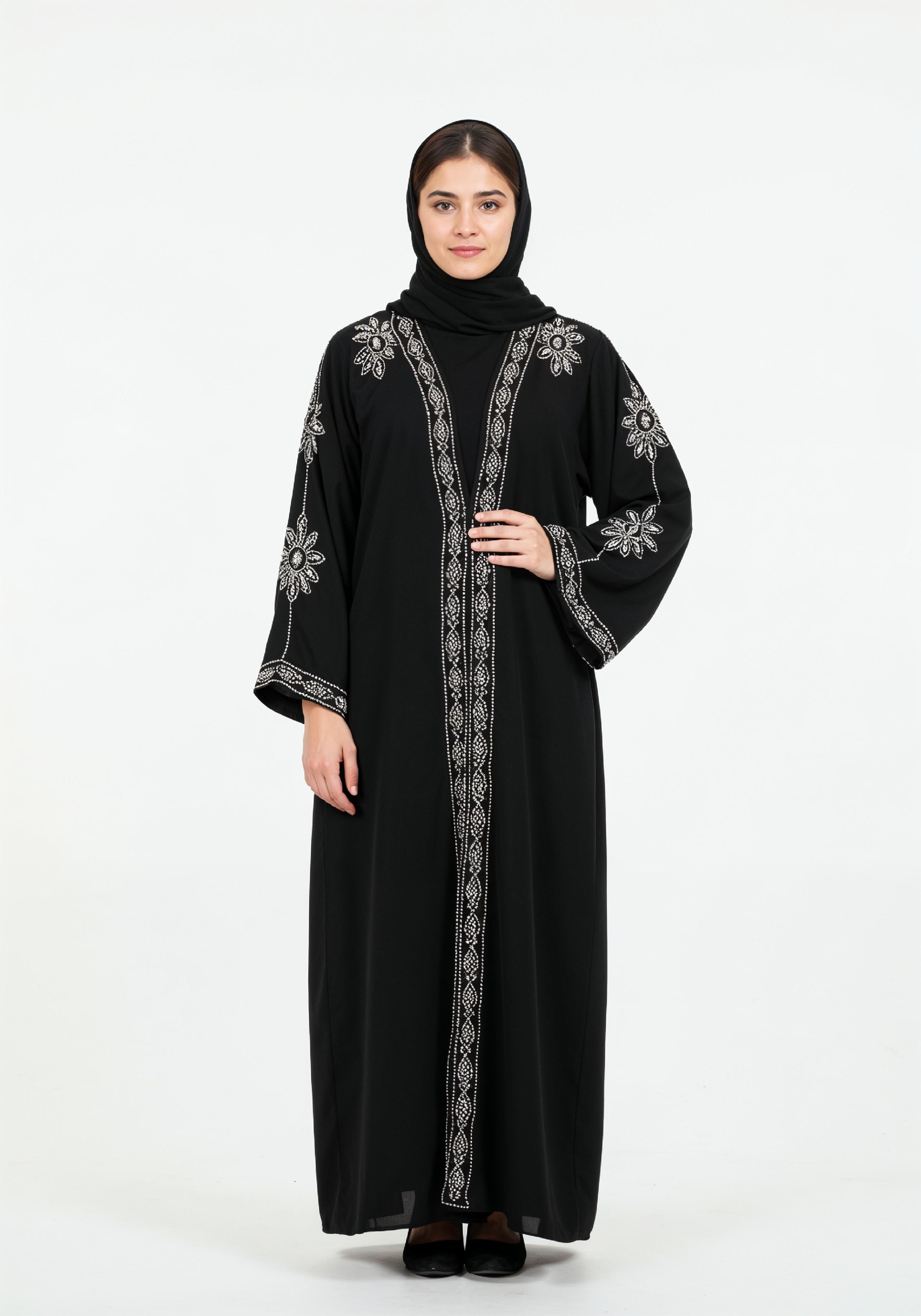 Elegant Muslim Woman in Black Embroidered Abaya and Hijab Full Length Fashion Portrait