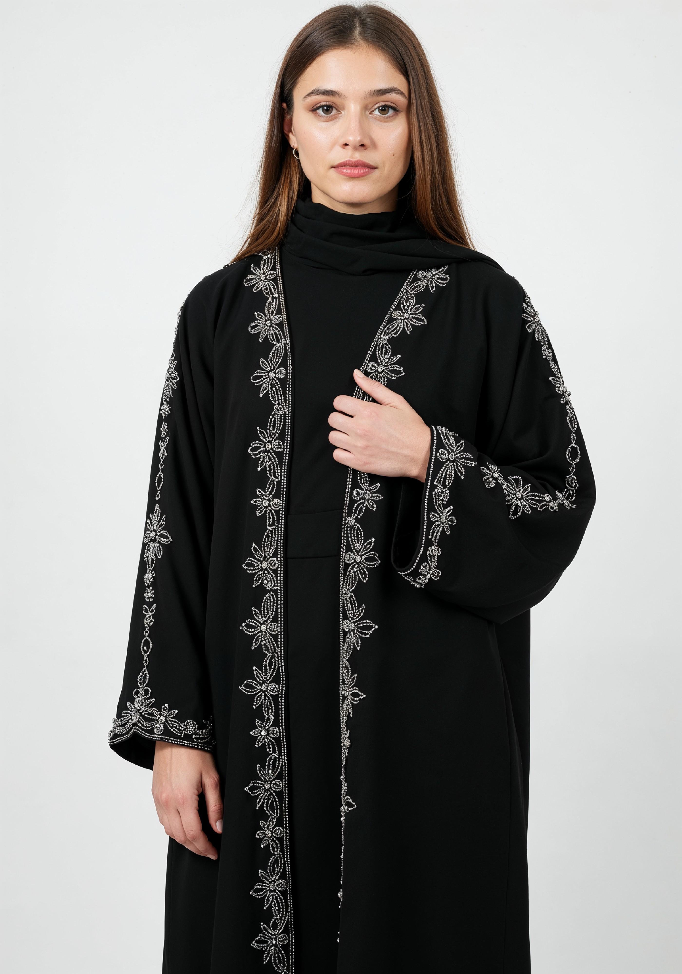 Elegant Muslim Woman in Black Embroidered Abaya and Hijab Full Length Fashion Portrait