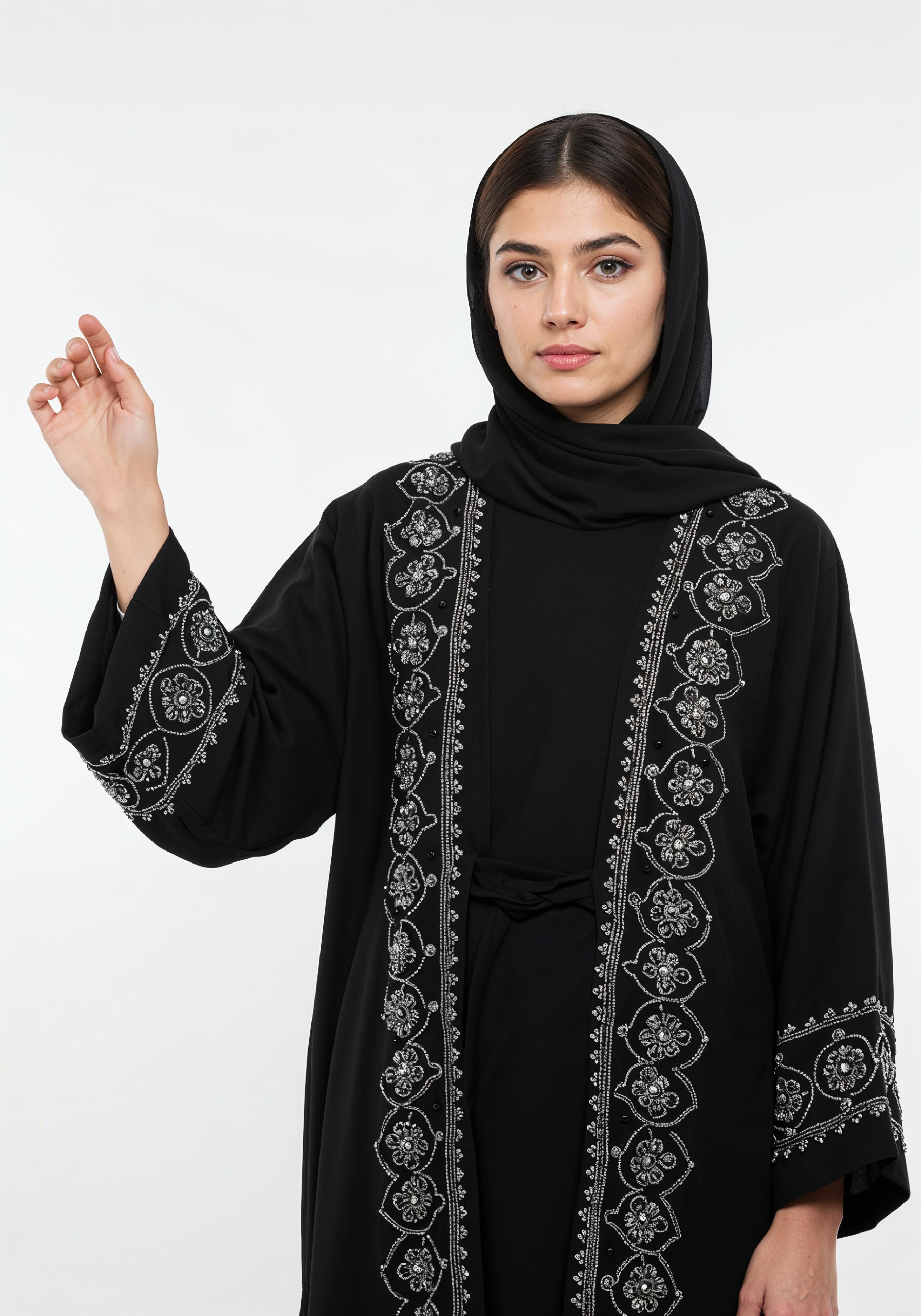 Elegant Muslim Woman in Black Embroidered Abaya and Hijab Full Length Fashion Portrait