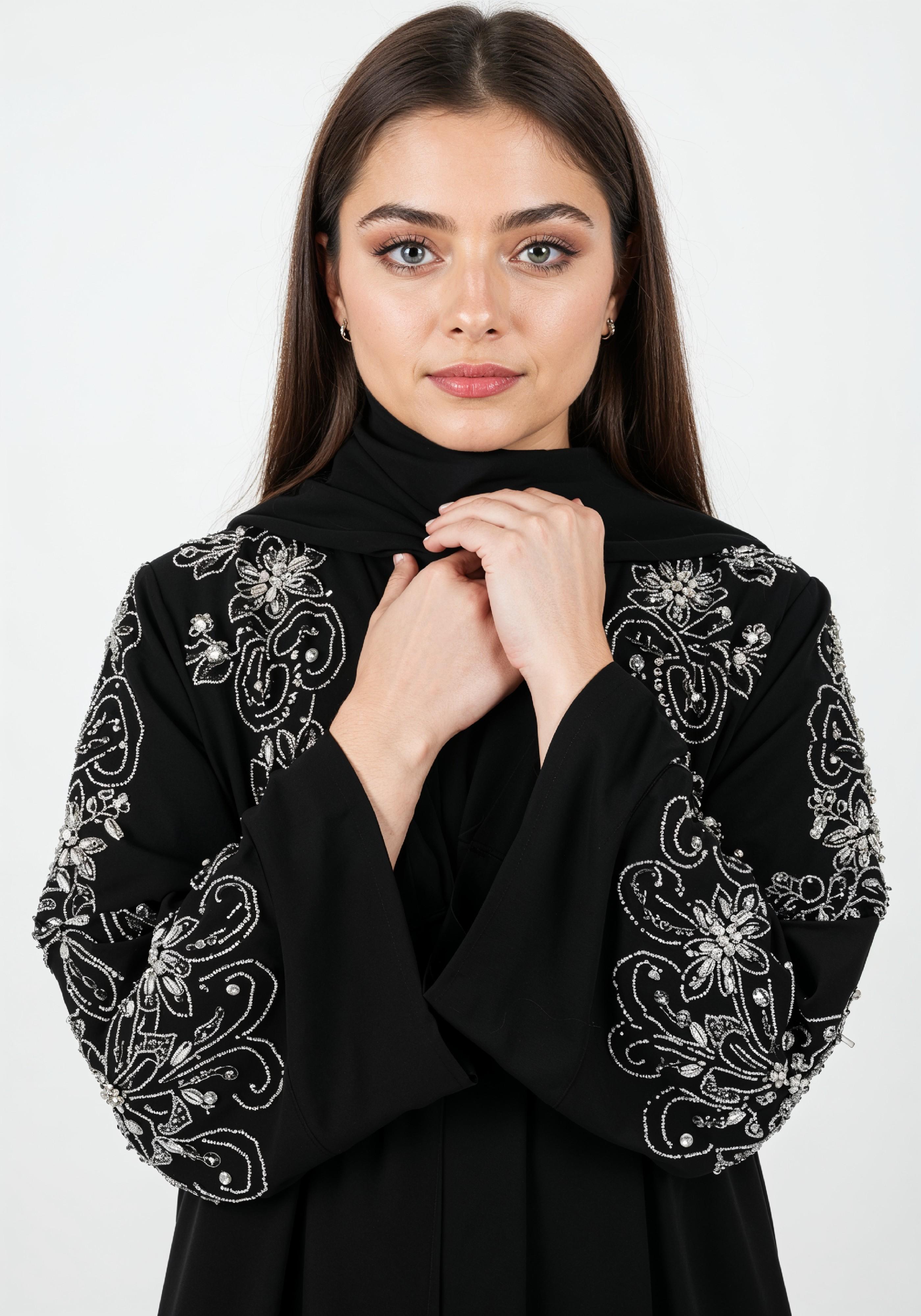 Elegant Muslim Woman in Black Embroidered Abaya and Hijab Full Length Fashion Portrait