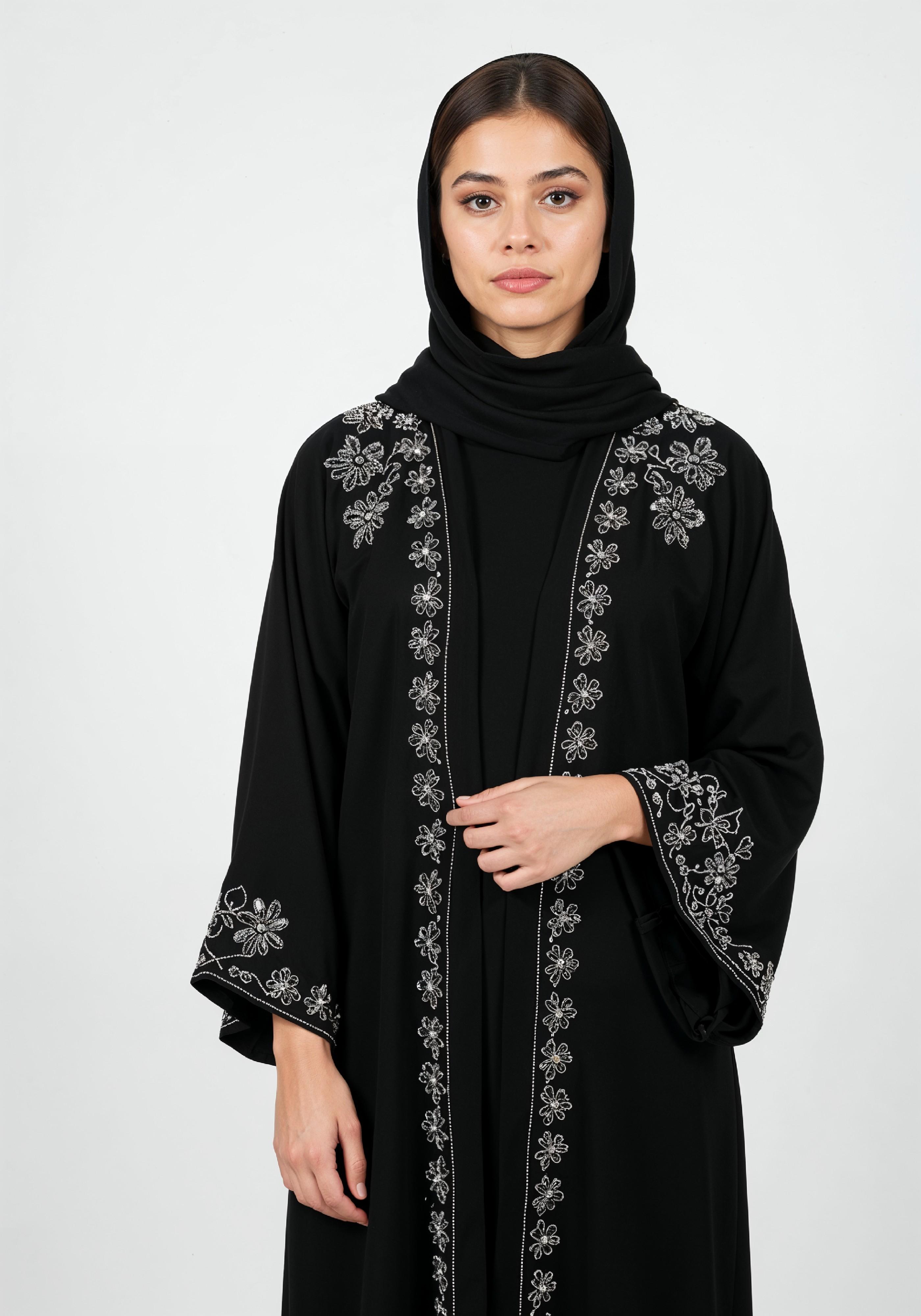 Elegant Muslim Woman in Black Embroidered Abaya and Hijab Full Length Fashion Portrait
