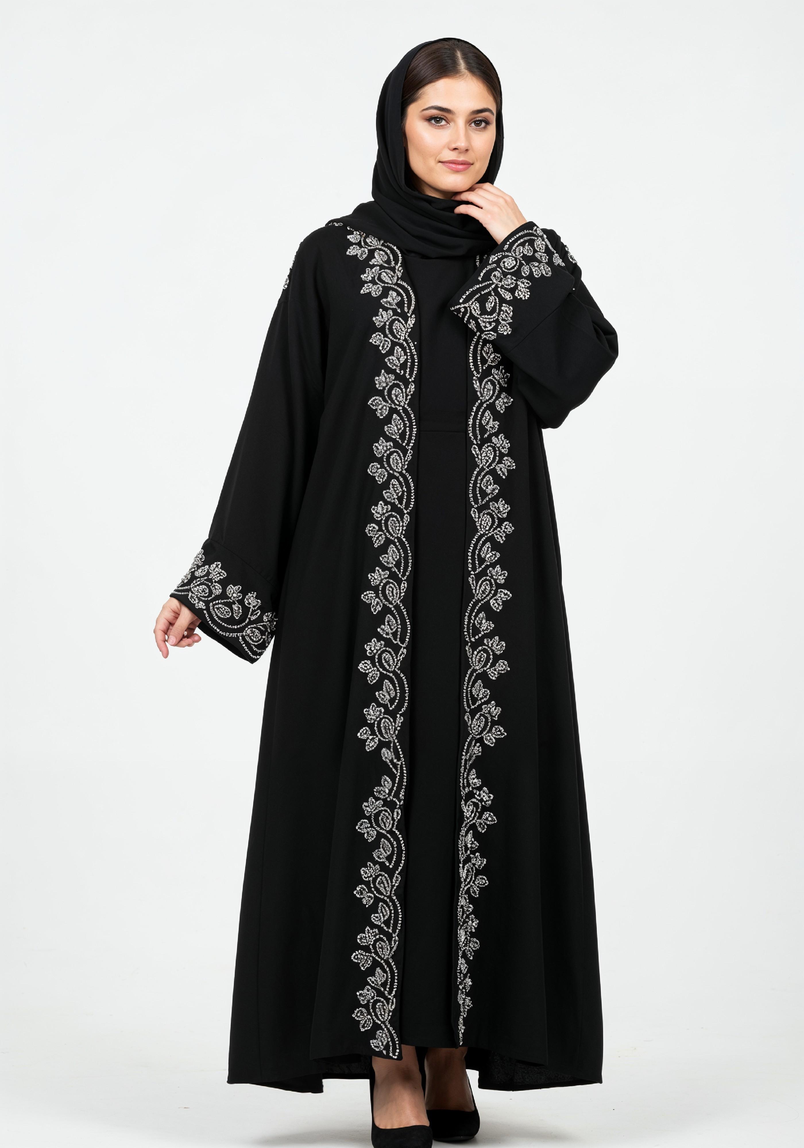 Elegant Muslim Woman in Black Embroidered Abaya and Hijab Full Length Fashion Portrait