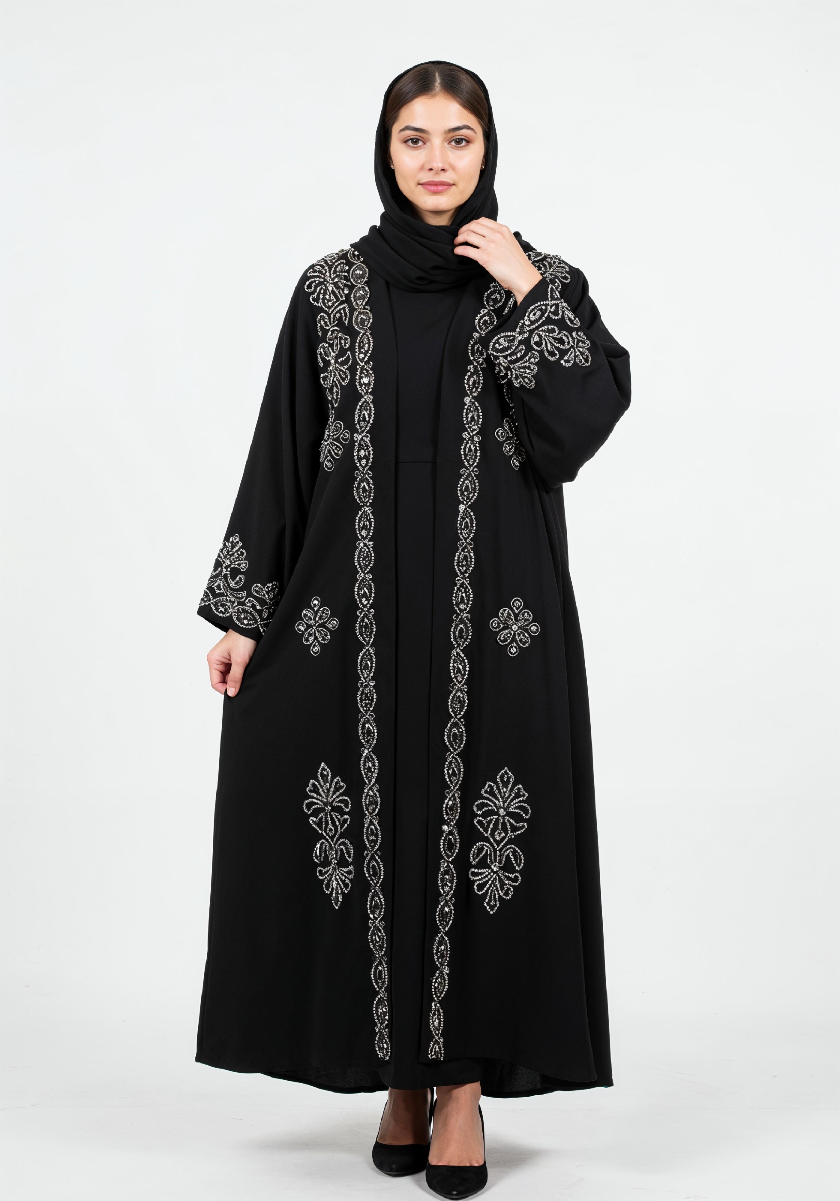 Elegant Muslim Woman in Black Embroidered Abaya and Hijab Full Length Fashion Portrait