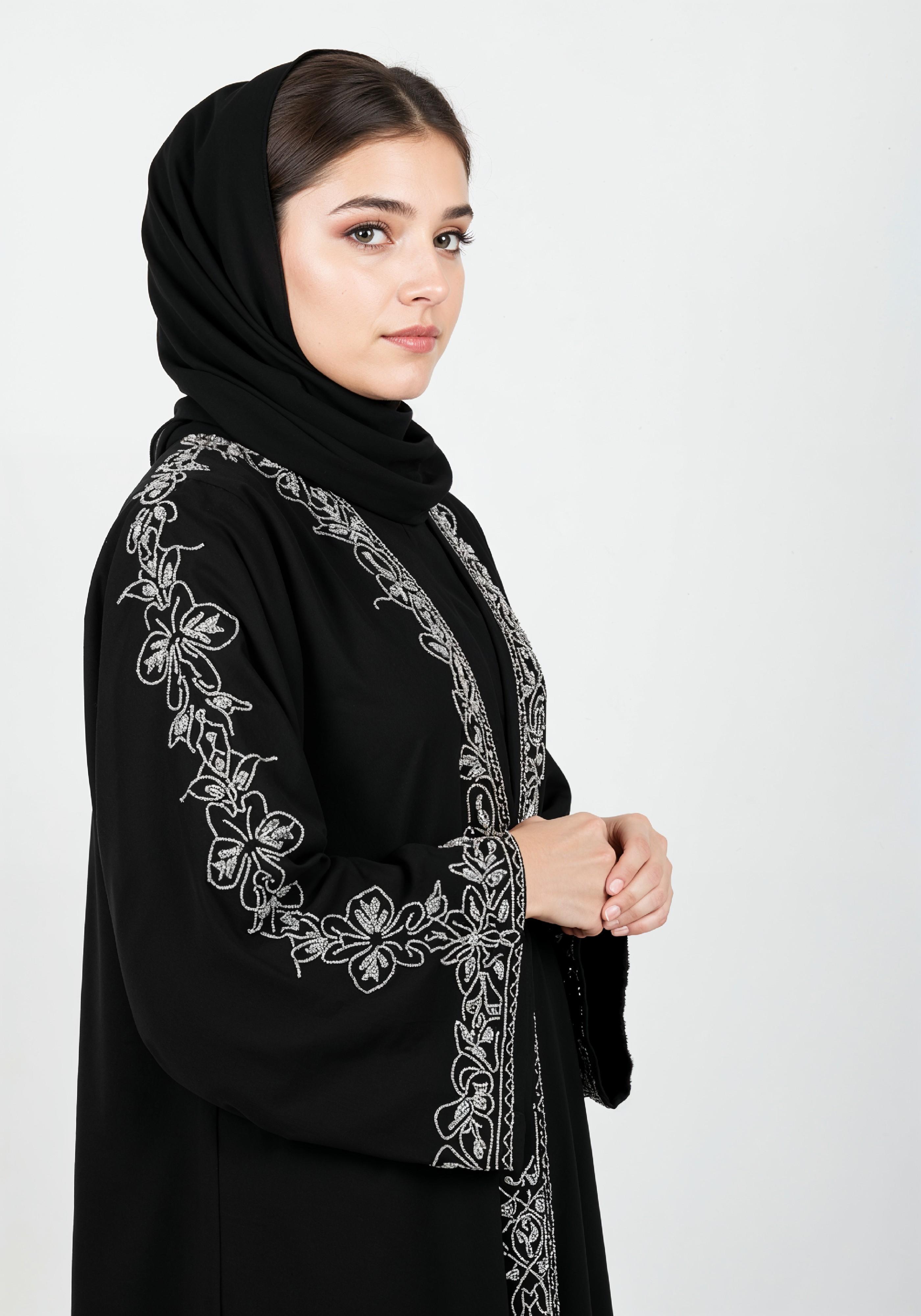 Elegant Muslim Woman in Black Embroidered Abaya and Hijab Full Length Fashion Portrait
