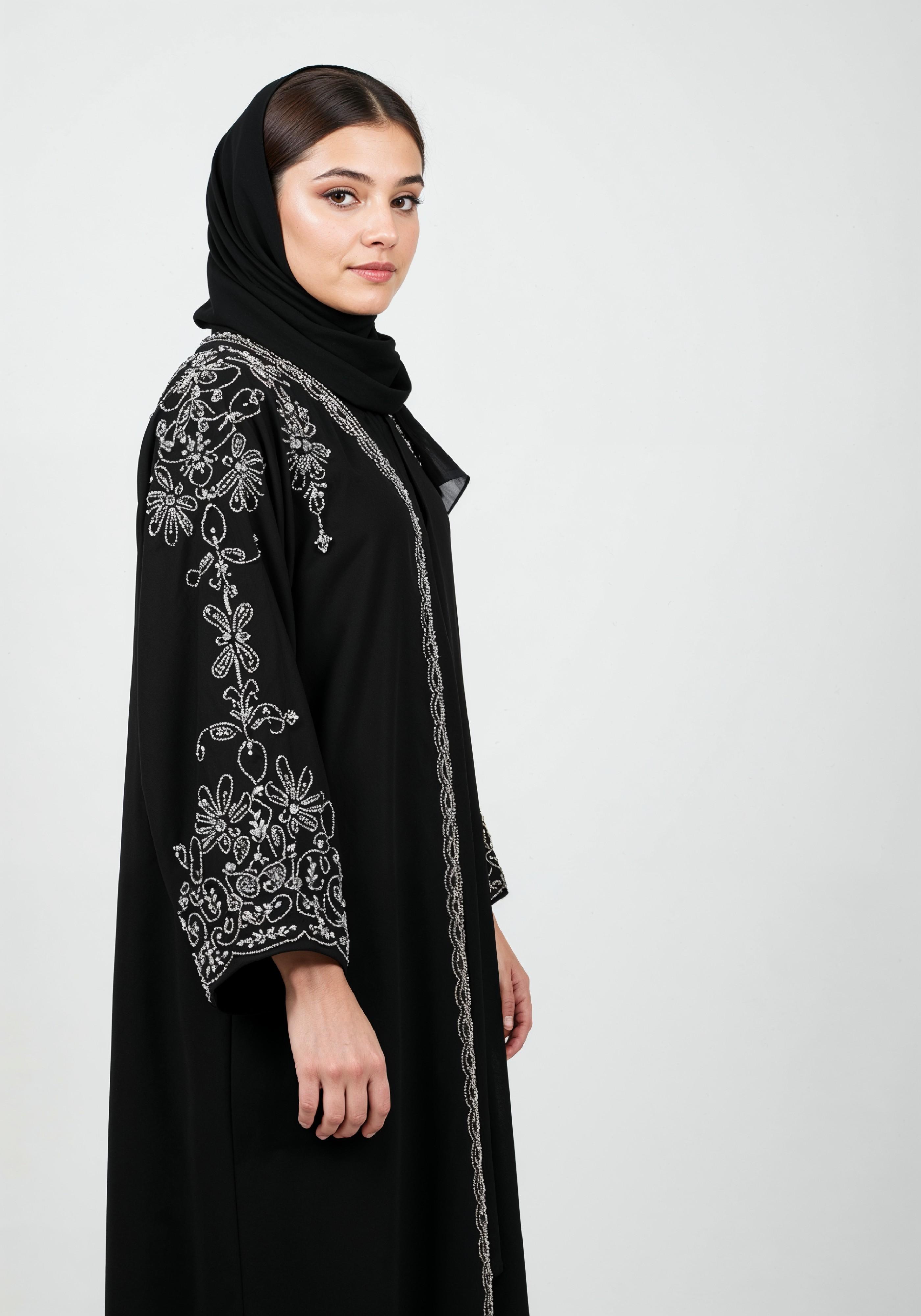 Elegant Muslim Woman in Black Embroidered Abaya and Hijab Full Length Fashion Portrait