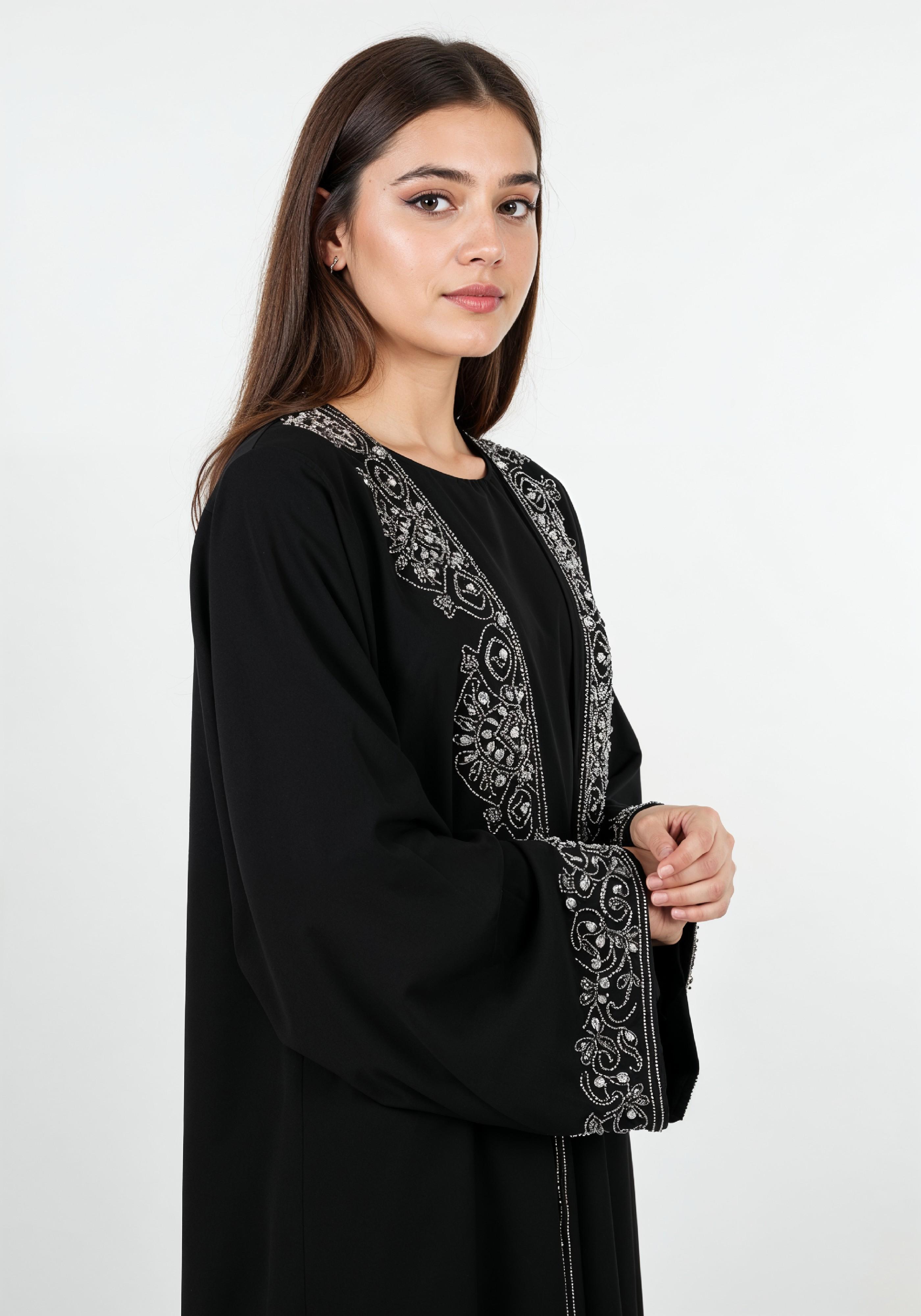 Elegant Muslim Woman in Black Embroidered Abaya and Hijab Full Length Fashion Portrait