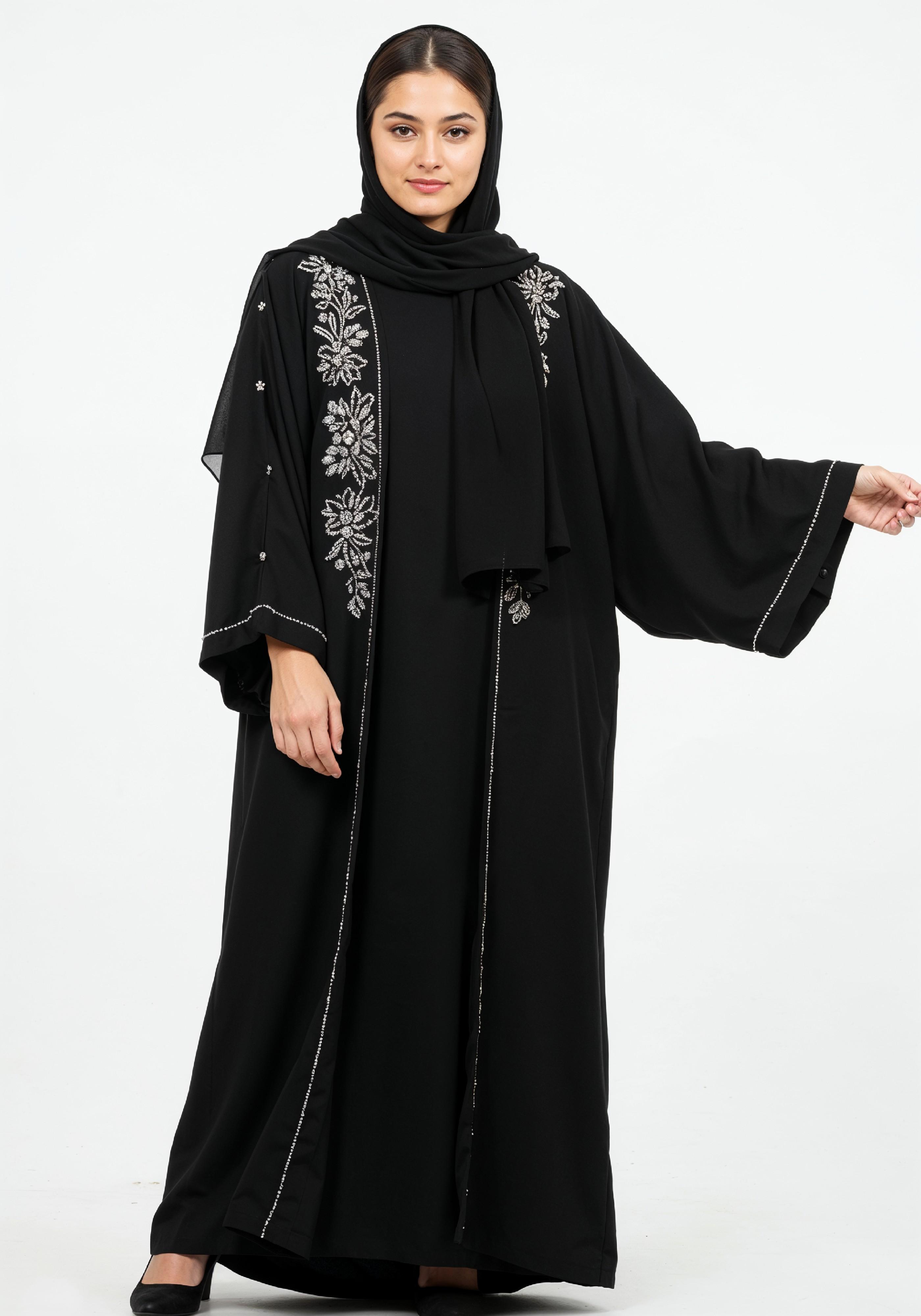 Elegant Muslim Woman in Black Embroidered Abaya and Hijab Full Length Fashion Portrait