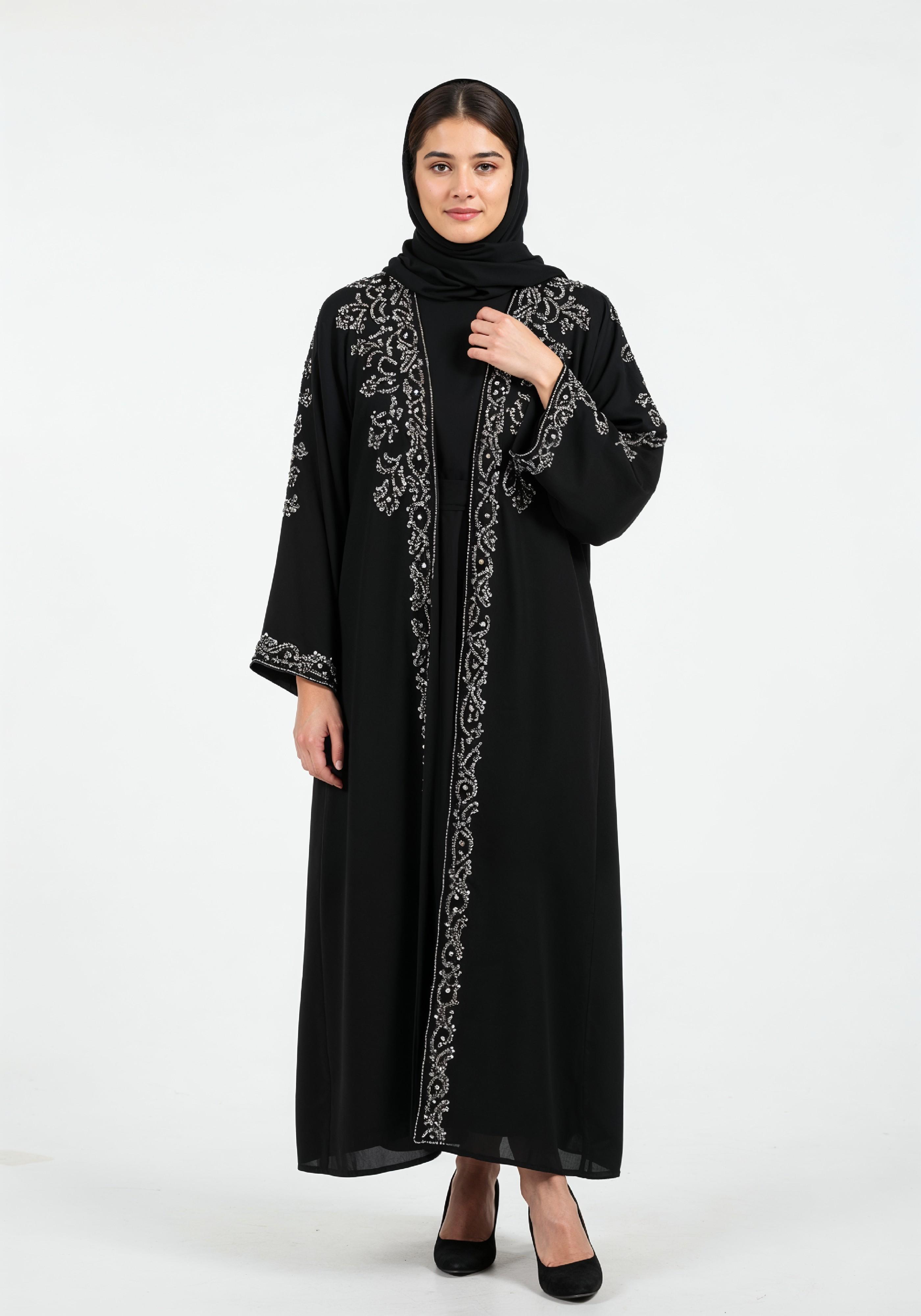 Elegant Muslim Woman in Black Embroidered Abaya and Hijab Full Length Fashion Portrait