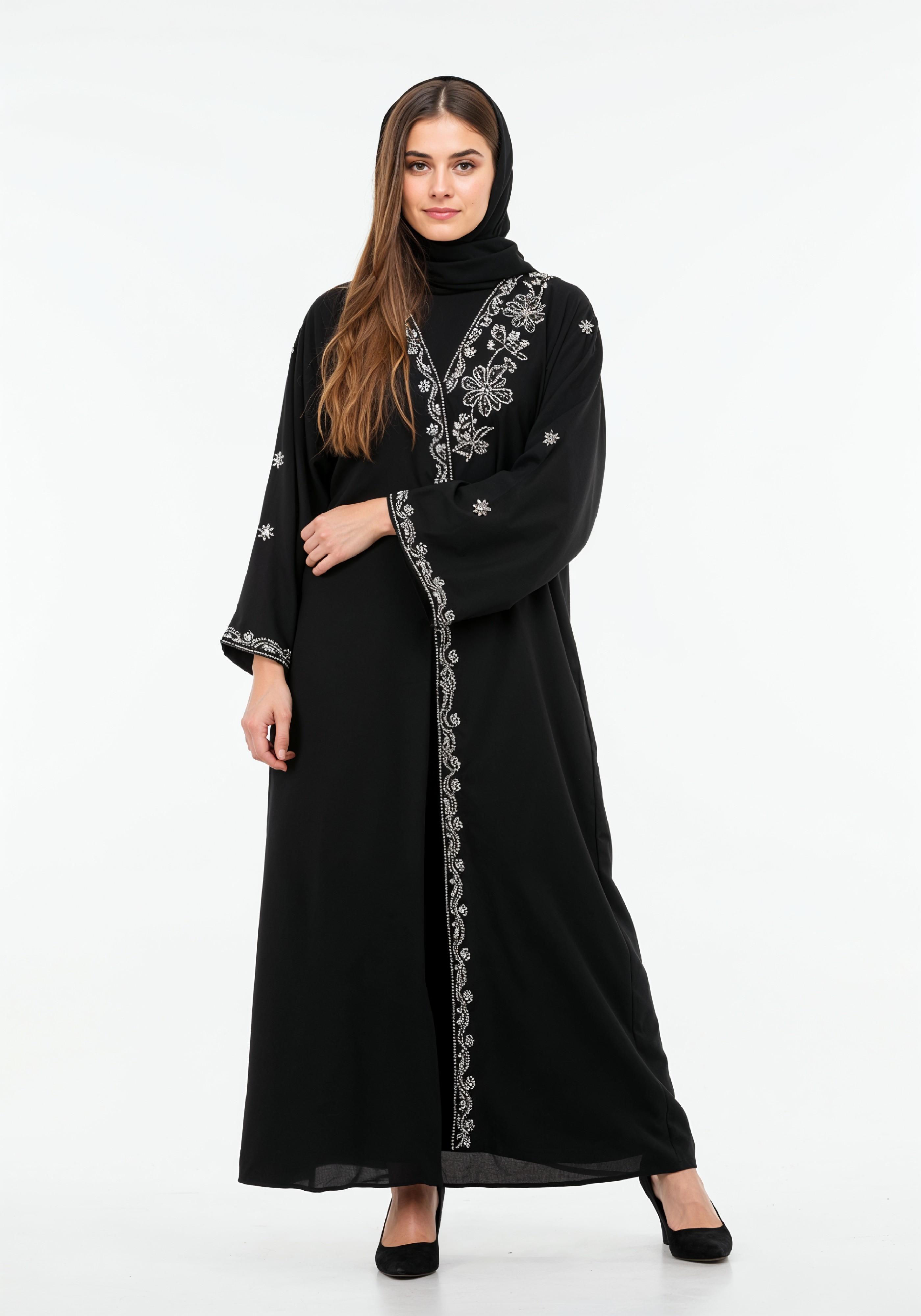 Elegant Muslim Woman in Black Embroidered Abaya and Hijab Full Length Fashion Portrait