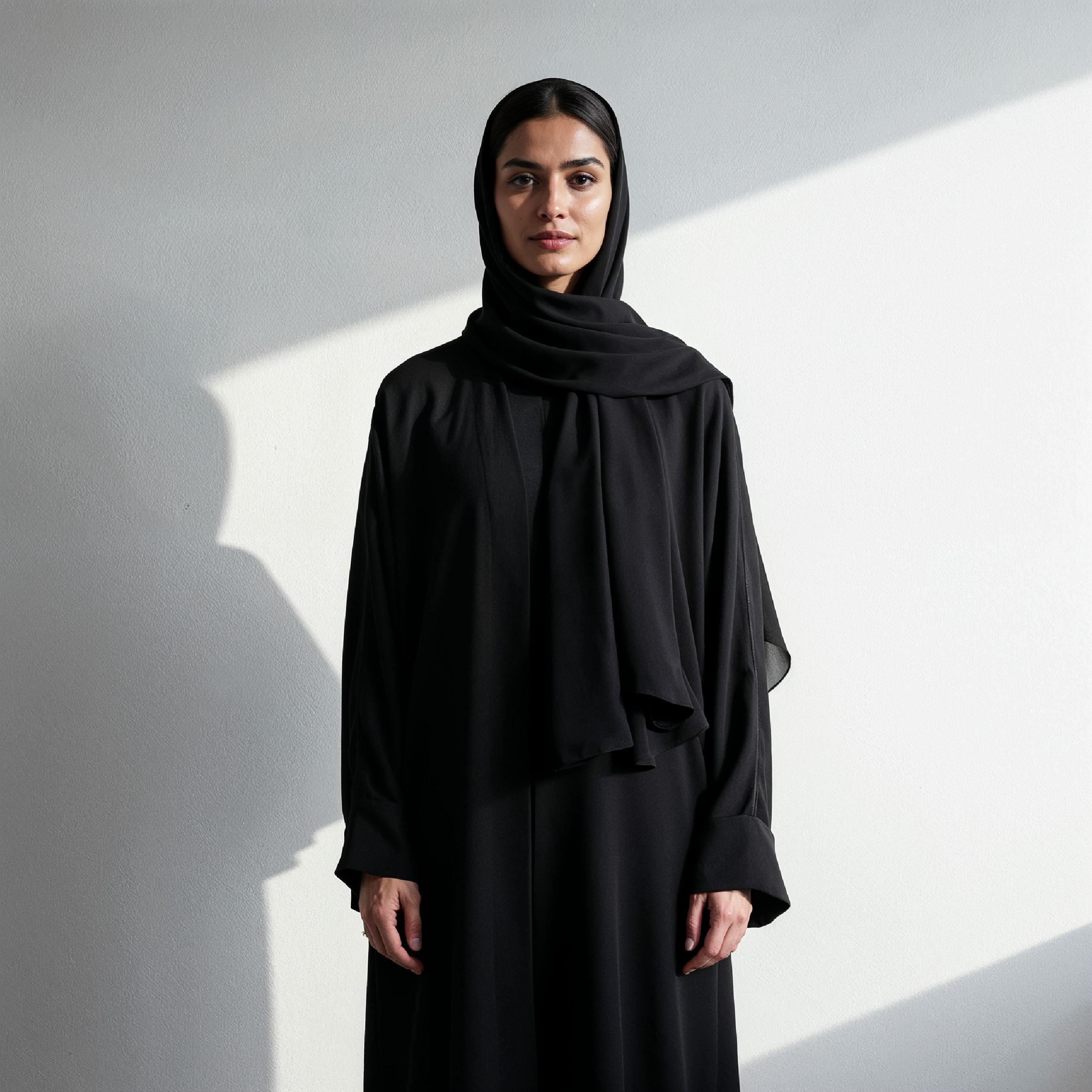 Elegant Muslim Woman Wearing Black Hijab and Abaya in Studio Portrait on Light Background