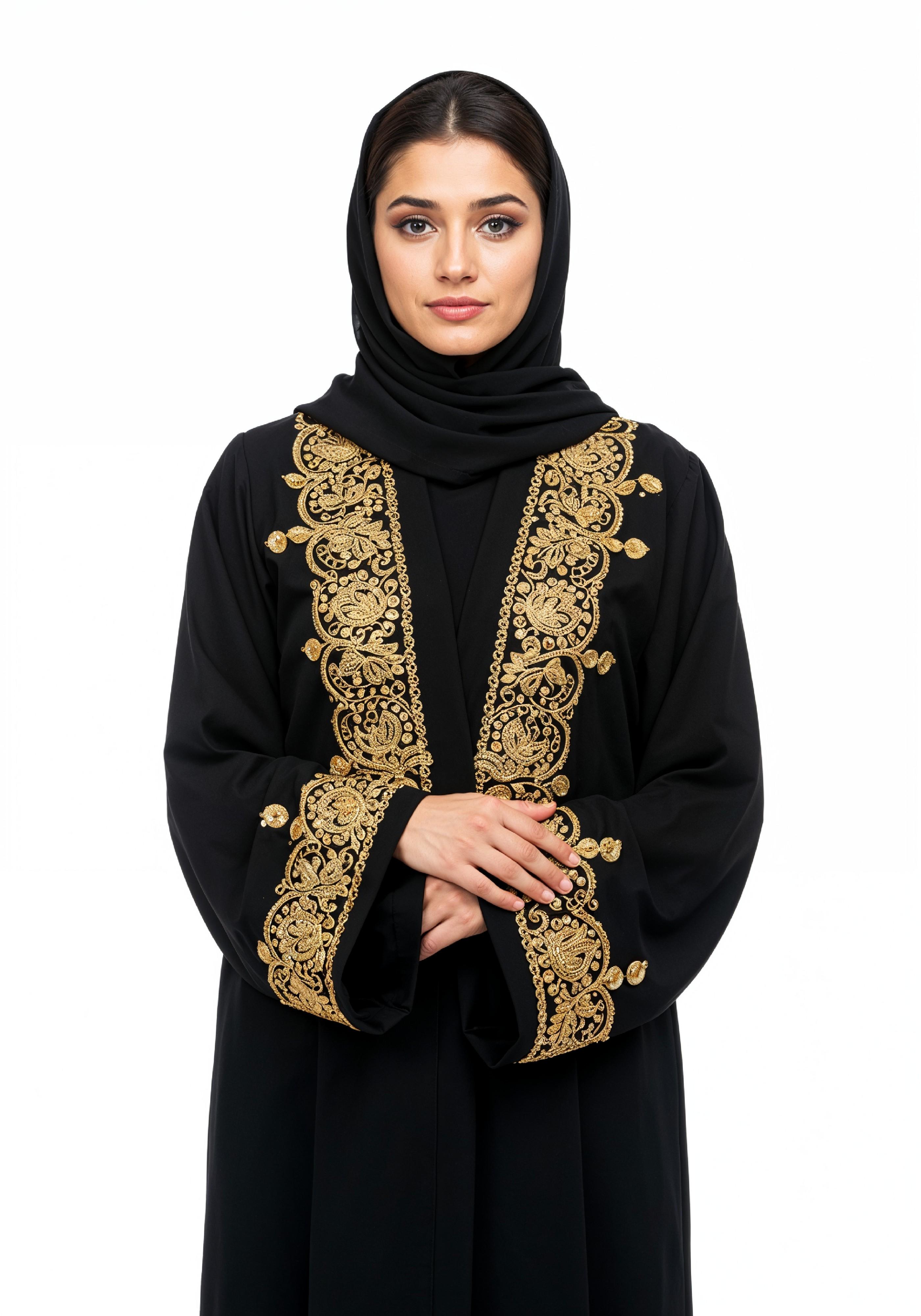 Elegant Muslim Woman Wearing Luxury Black and Gold Embroidered Abaya