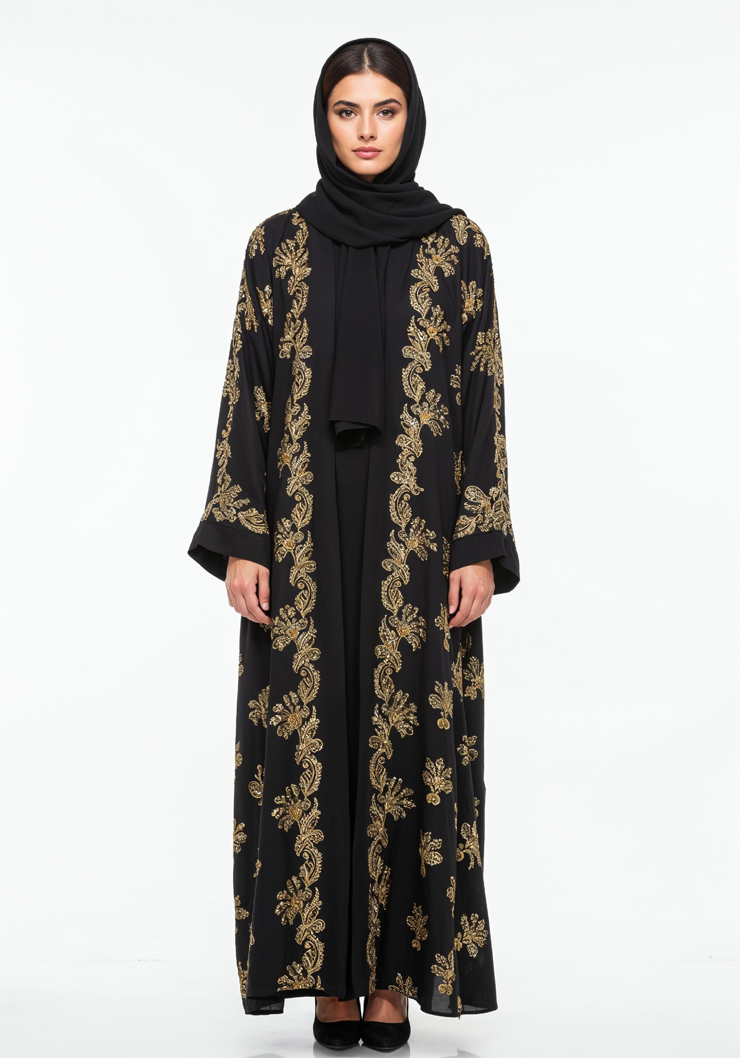 Elegant Muslim Woman Wearing Luxury Black and Gold Embroidered Abaya