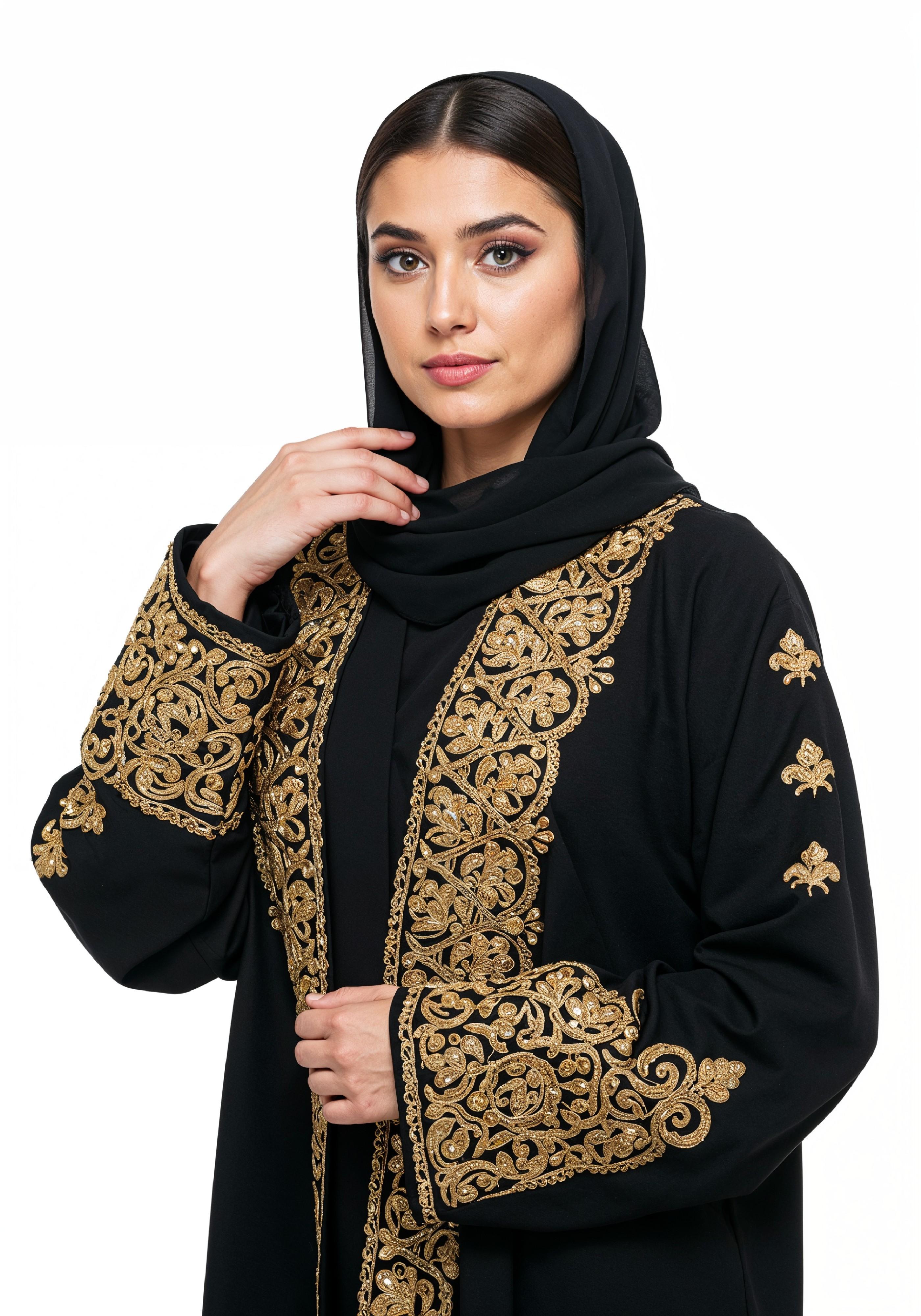 Elegant Muslim Woman Wearing Luxury Black and Gold Embroidered Abaya