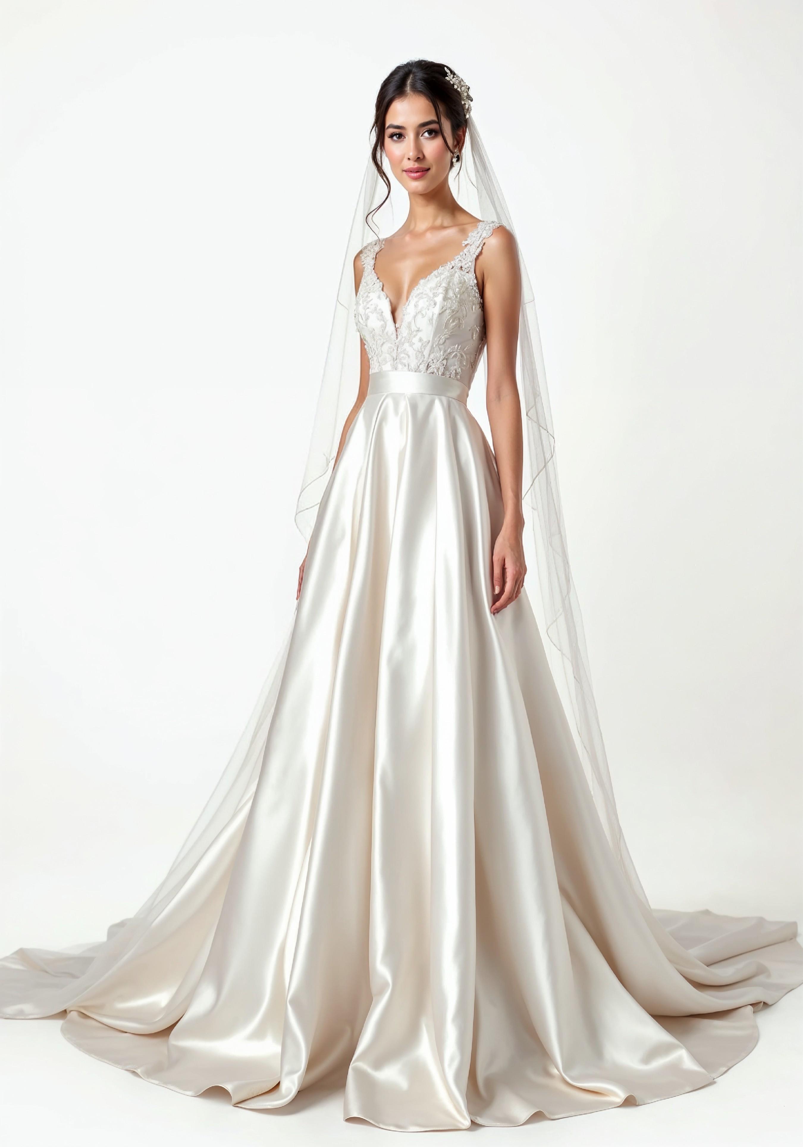 Elegant Young Bride in White Wedding Gown Posing in Studio on Light Background