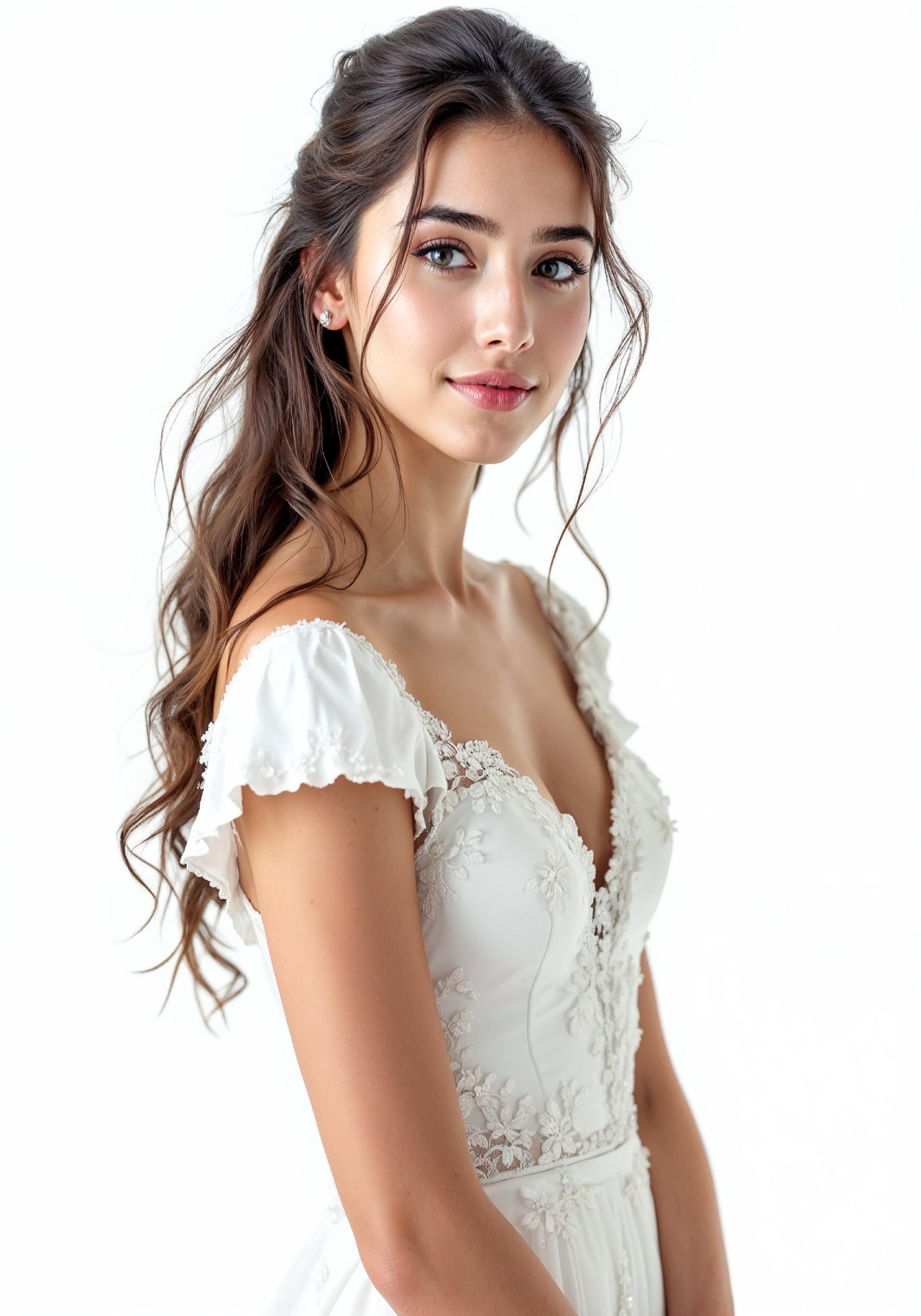 Elegant Young Bride in White Wedding Gown Posing in Studio on Light Background