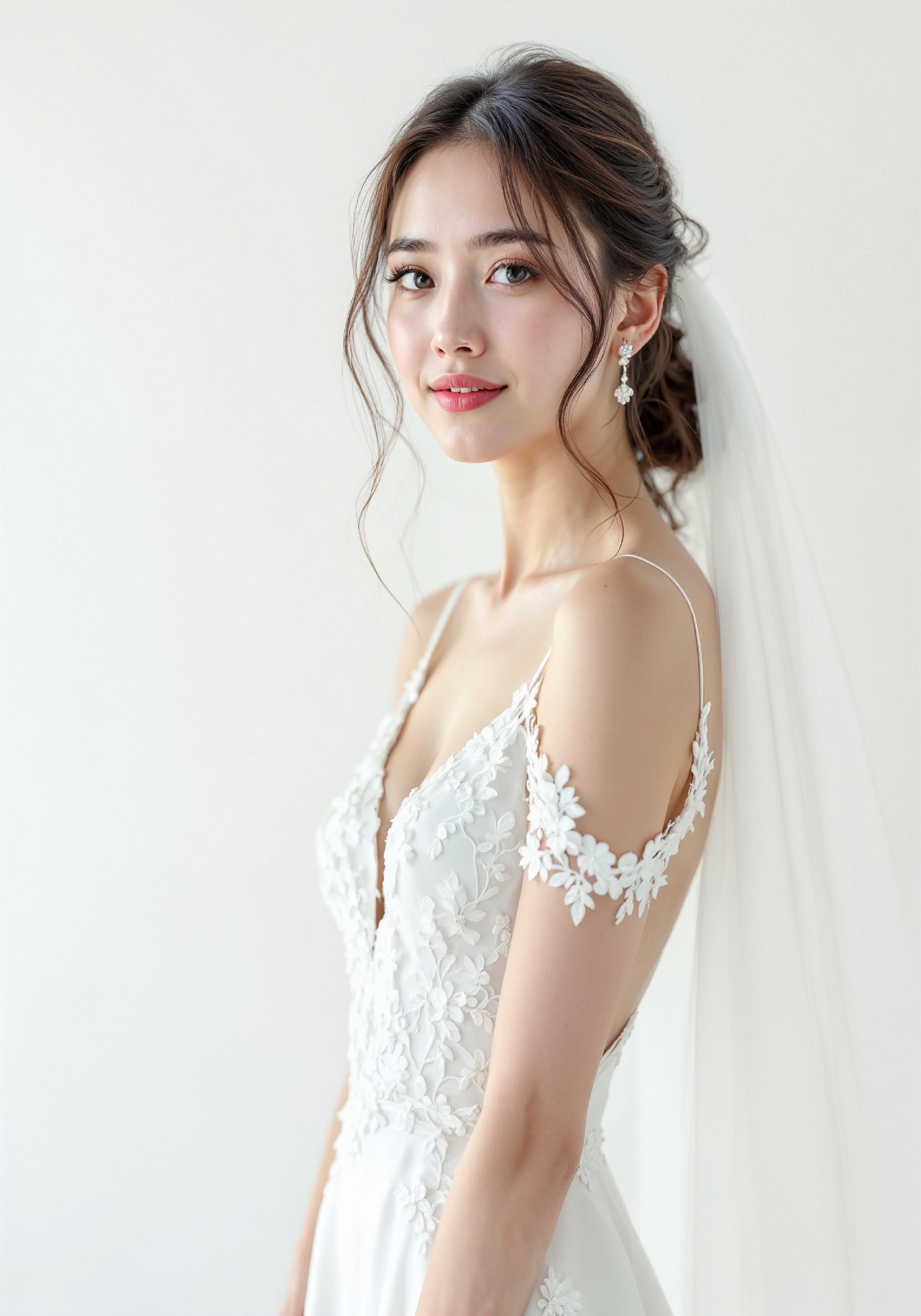 Elegant Young Bride in White Wedding Gown Posing in Studio on Light Background